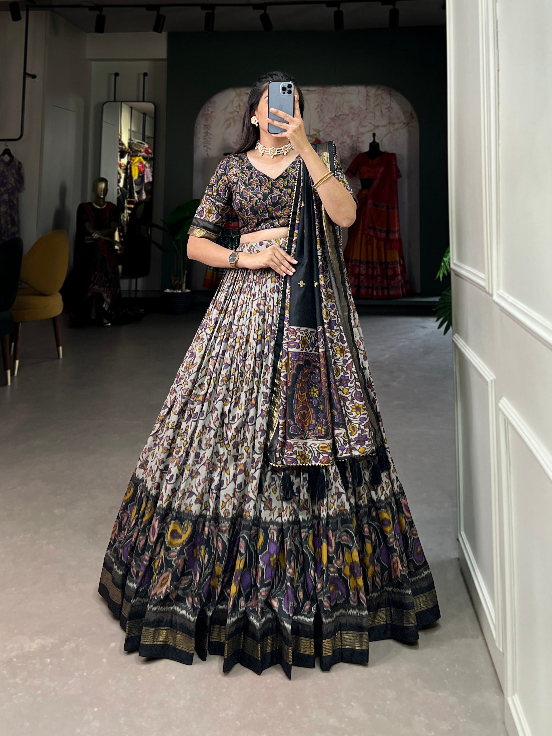 Floral Kalamkari Lehenga with Printed Blouse and Zari Border Dupatta