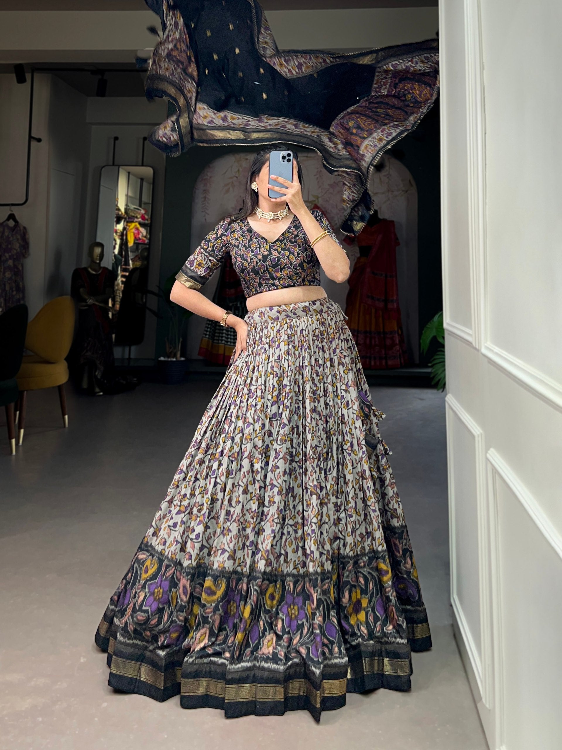 Floral Kalamkari Lehenga with Printed Blouse and Zari Border Dupatta