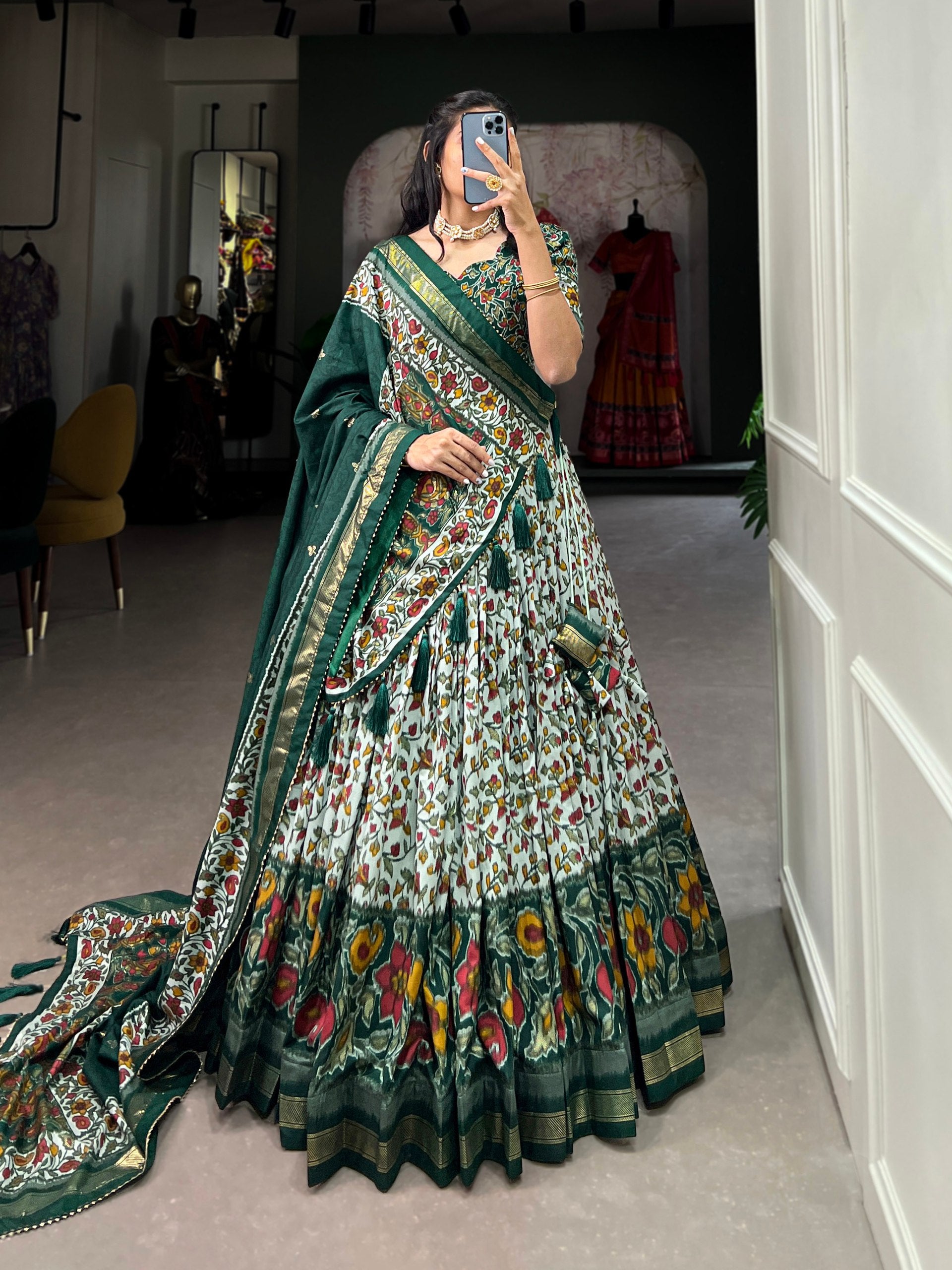 Floral Kalamkari Lehenga with Printed Blouse and Zari Border Dupatta