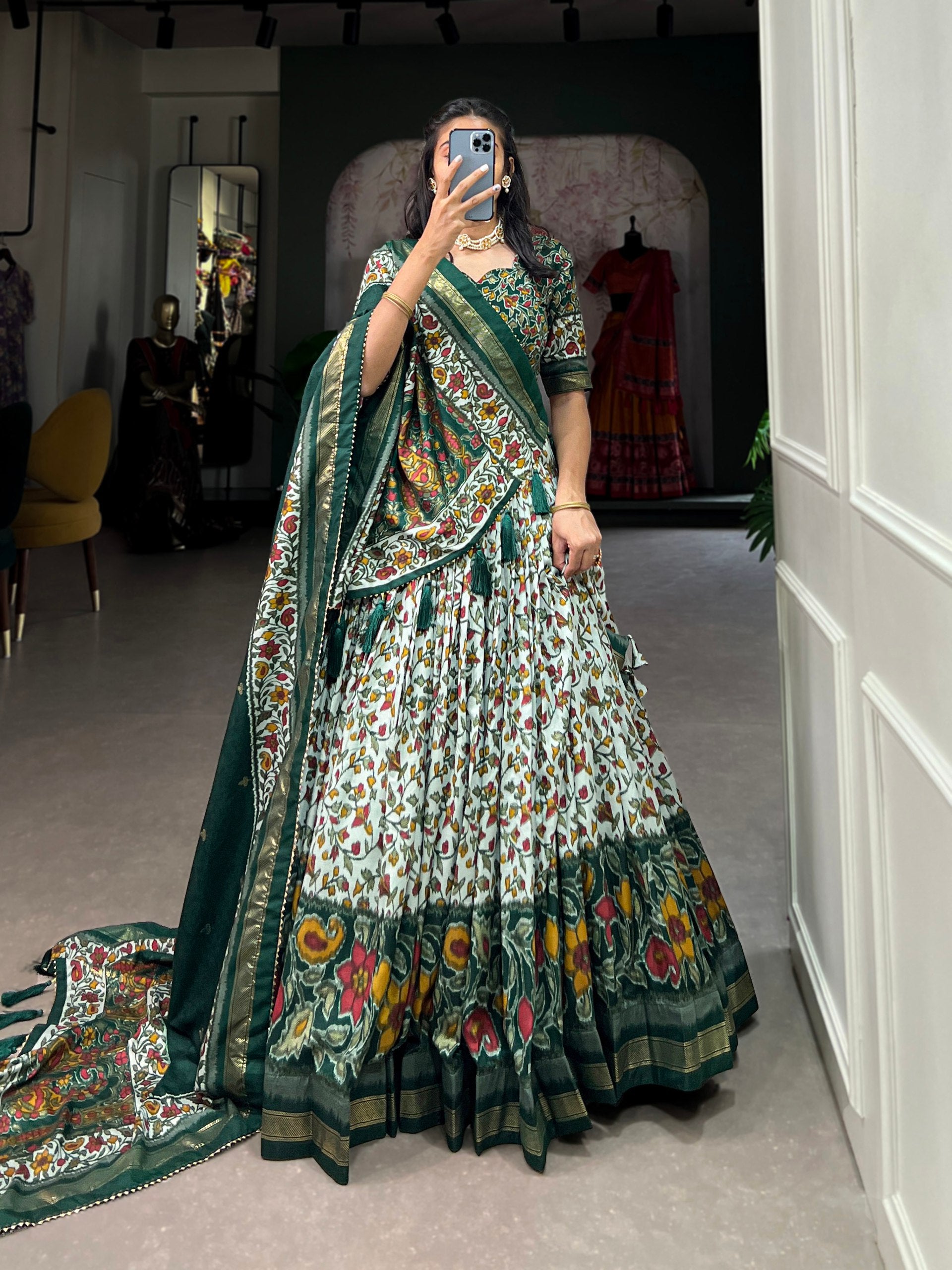 Floral Kalamkari Lehenga with Printed Blouse and Zari Border Dupatta