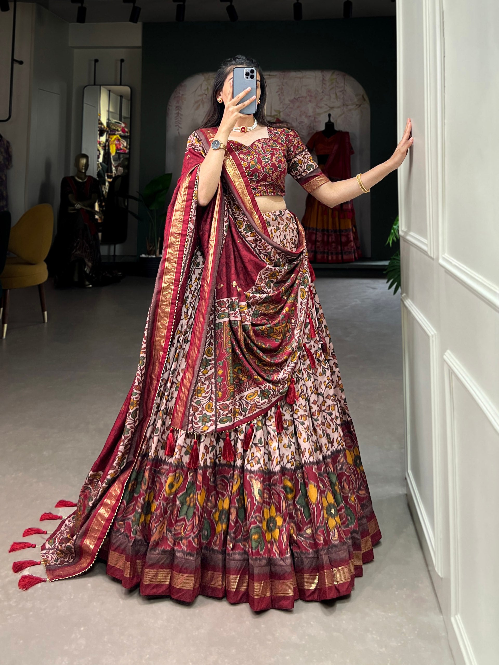 Floral Kalamkari Lehenga with Printed Blouse and Zari Border Dupatta