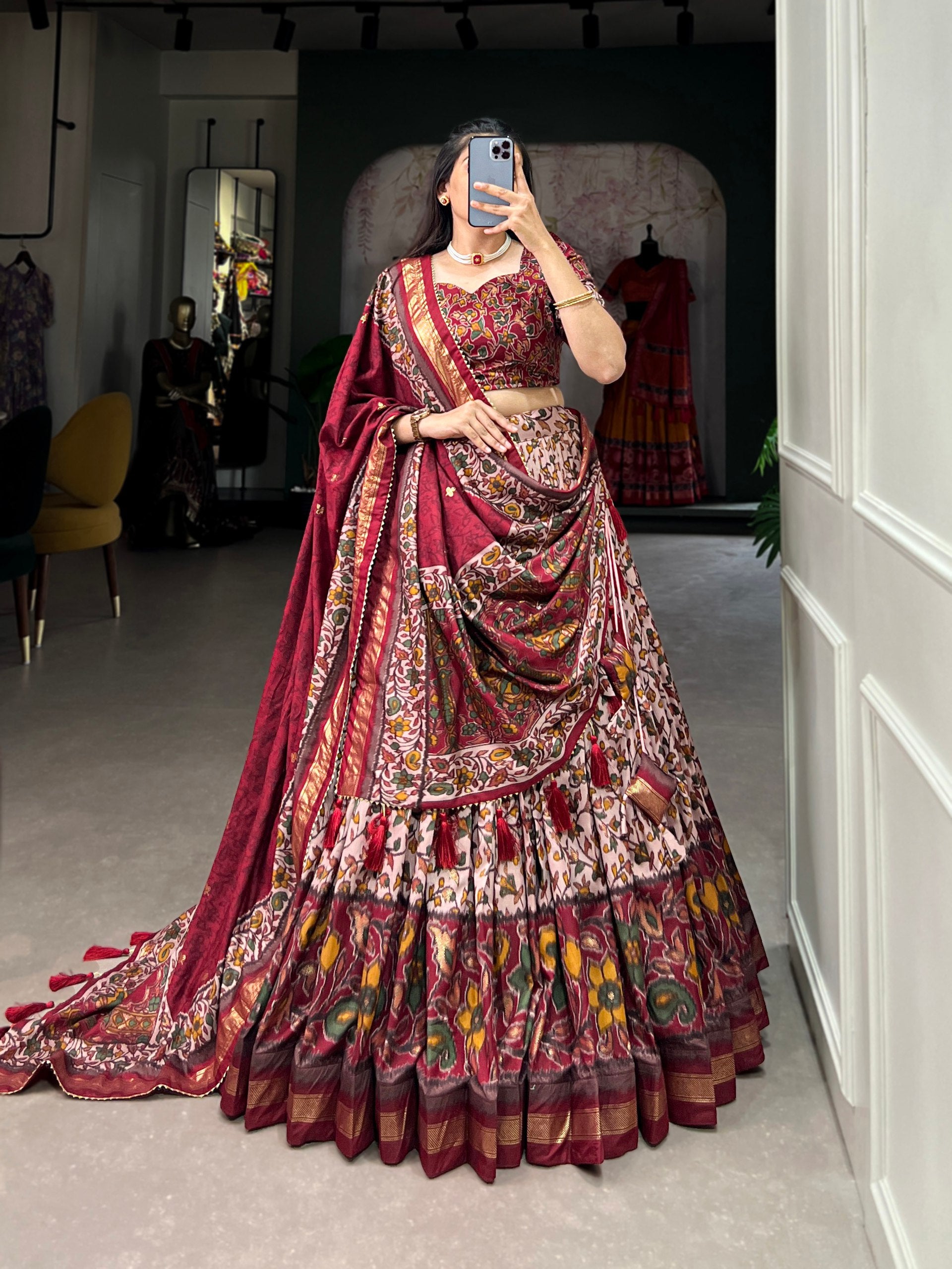 Floral Kalamkari Lehenga with Printed Blouse and Zari Border Dupatta