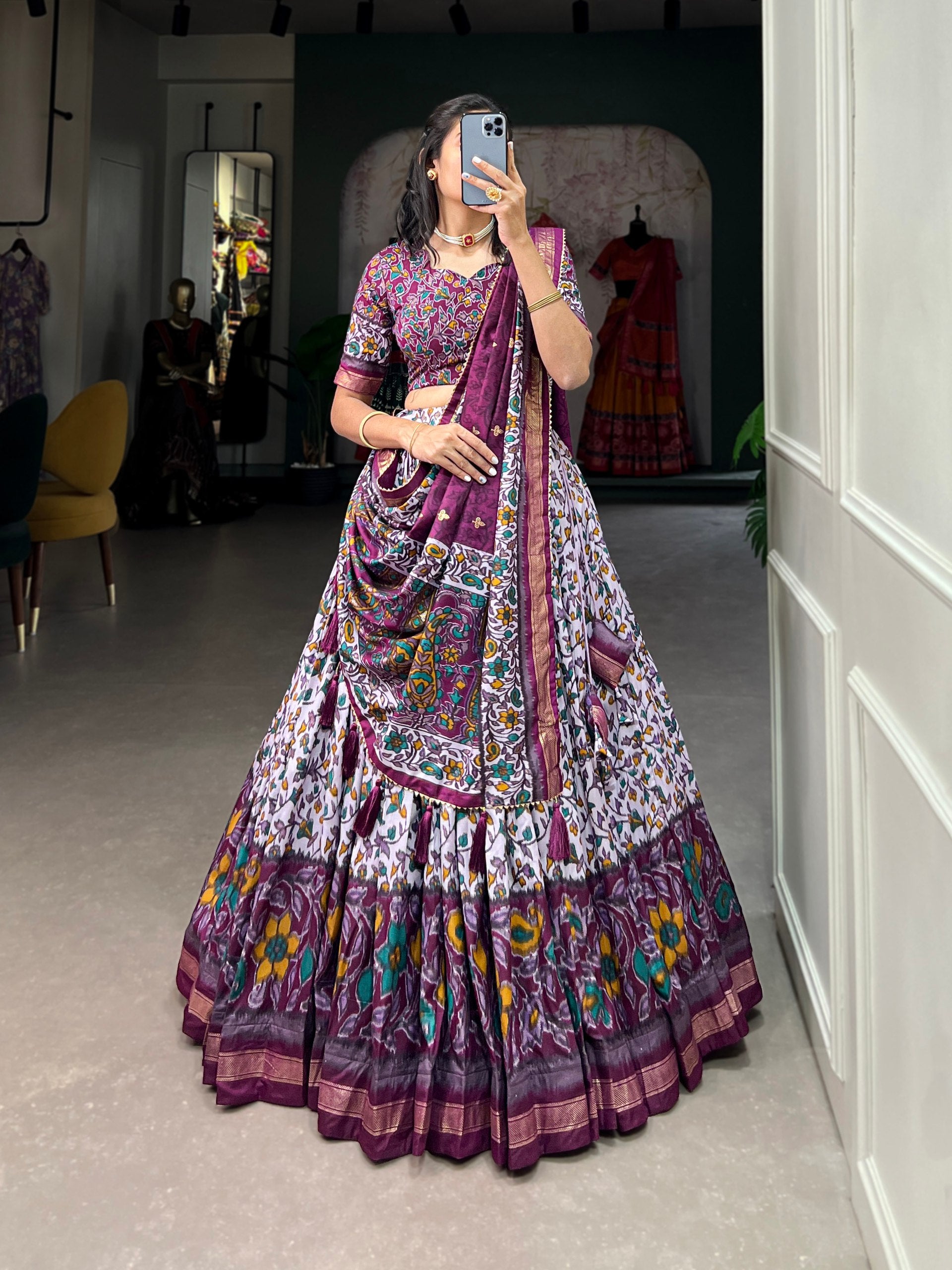 Floral Kalamkari Lehenga with Printed Blouse and Zari Border Dupatta