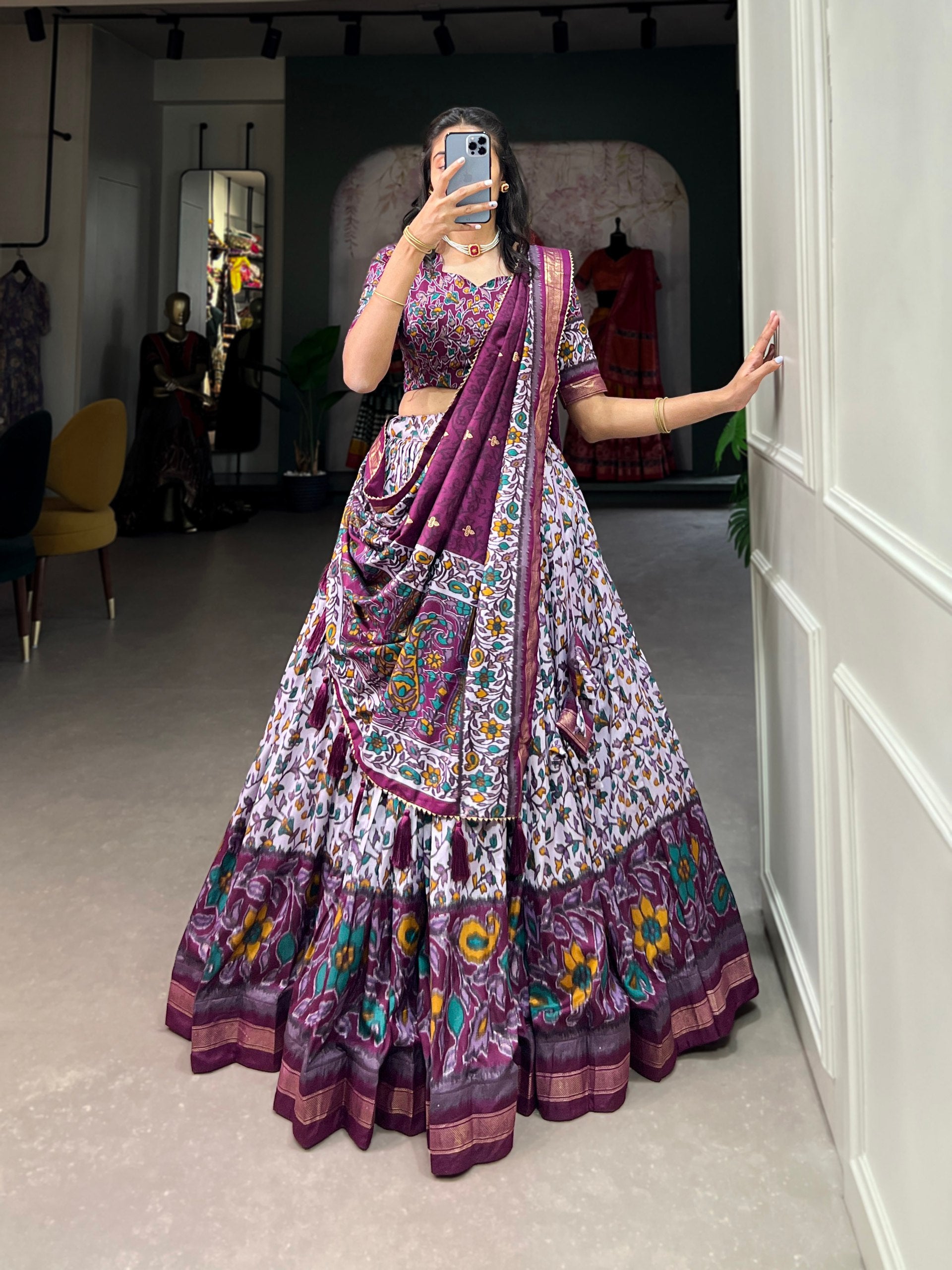 Floral Kalamkari Lehenga with Printed Blouse and Zari Border Dupatta