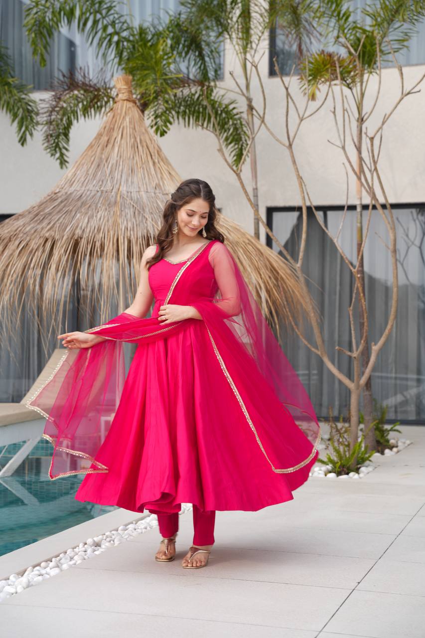 Vibrant Hot Pink Anarkali Suit with Sheer Dupatta