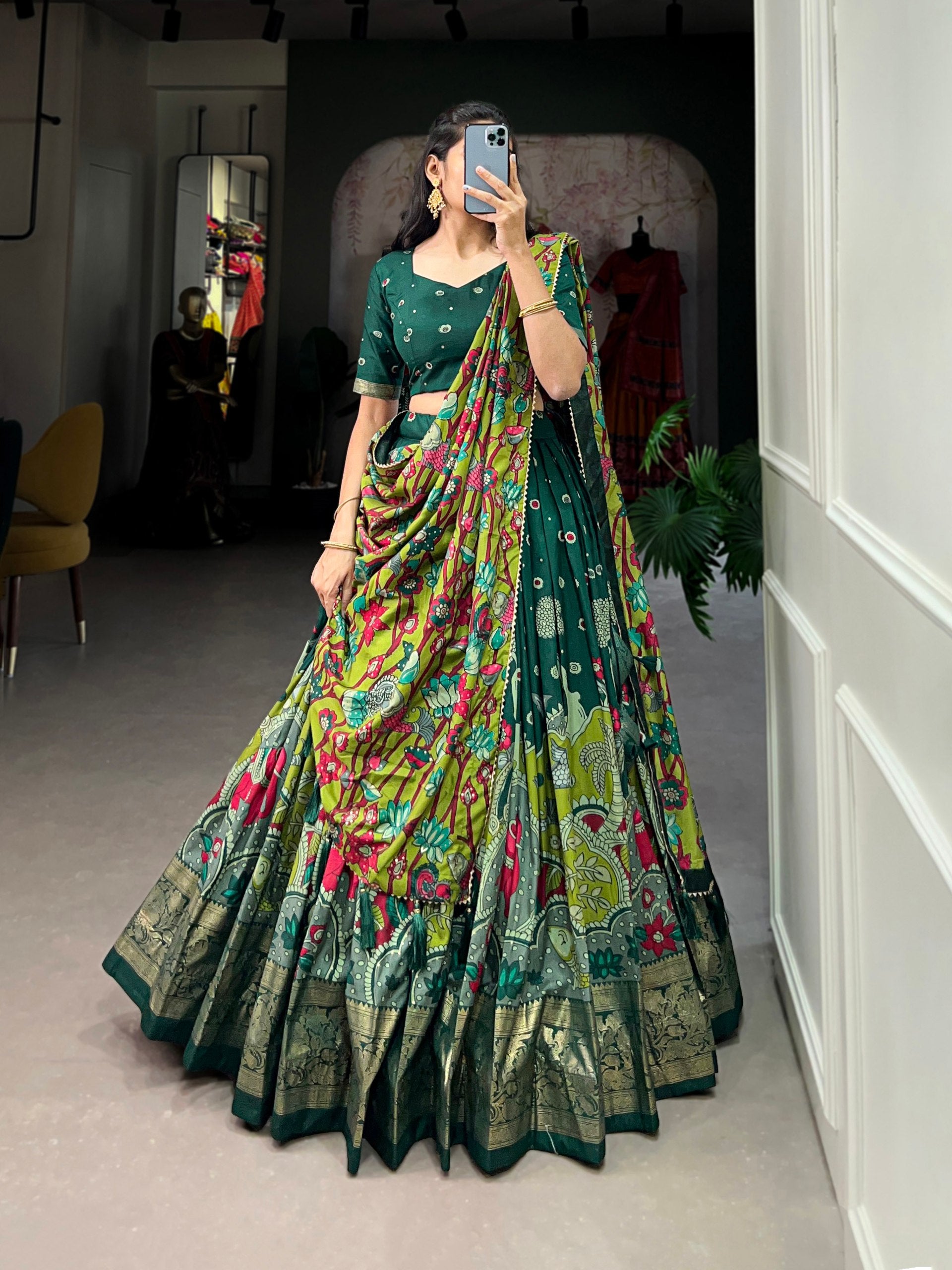 Ethnic Hand-Painted Kalamkari Lehenga with Embellished Blouse and Rich Border Dupatta