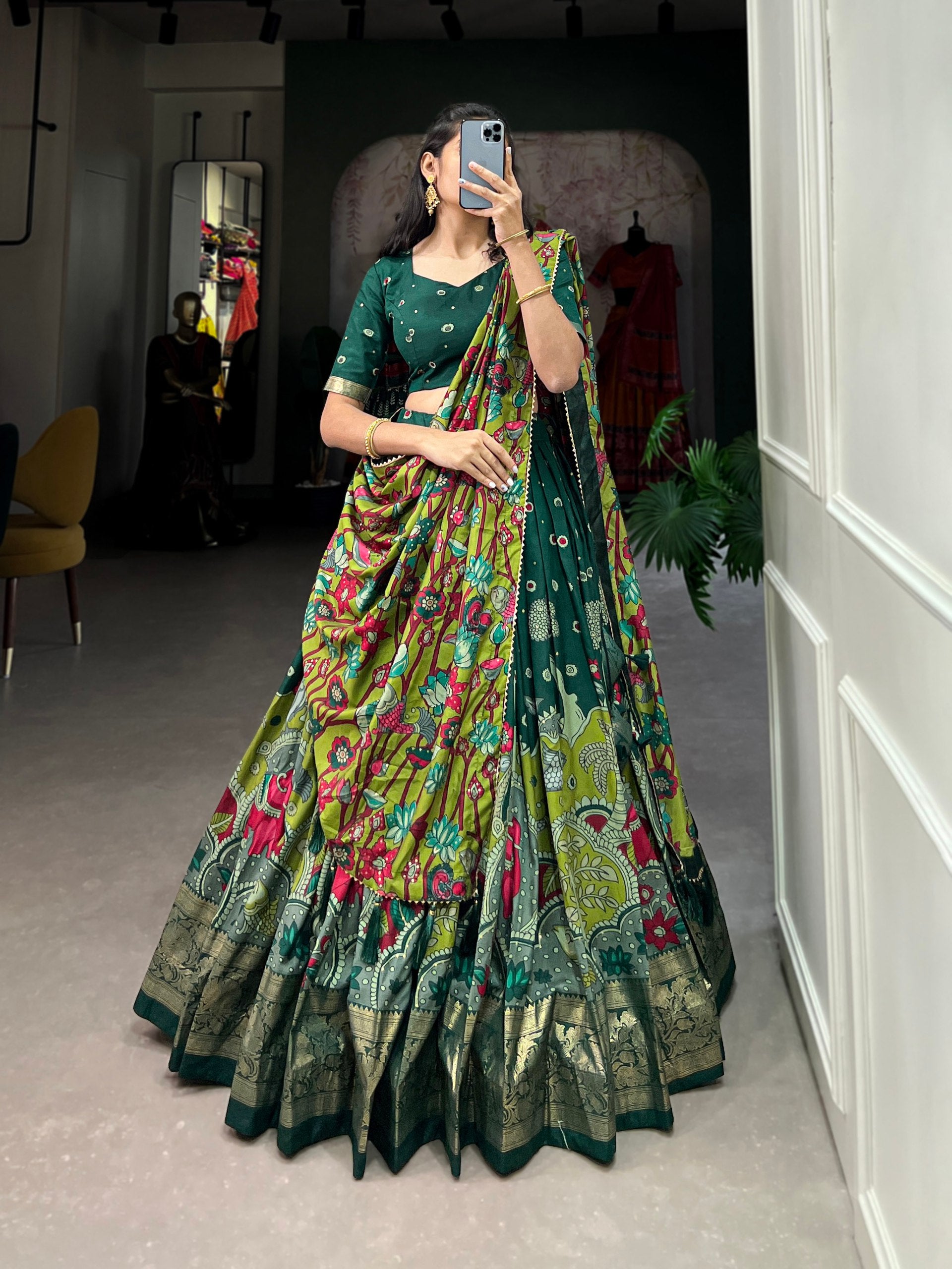Ethnic Hand-Painted Kalamkari Lehenga with Embellished Blouse and Rich Border Dupatta