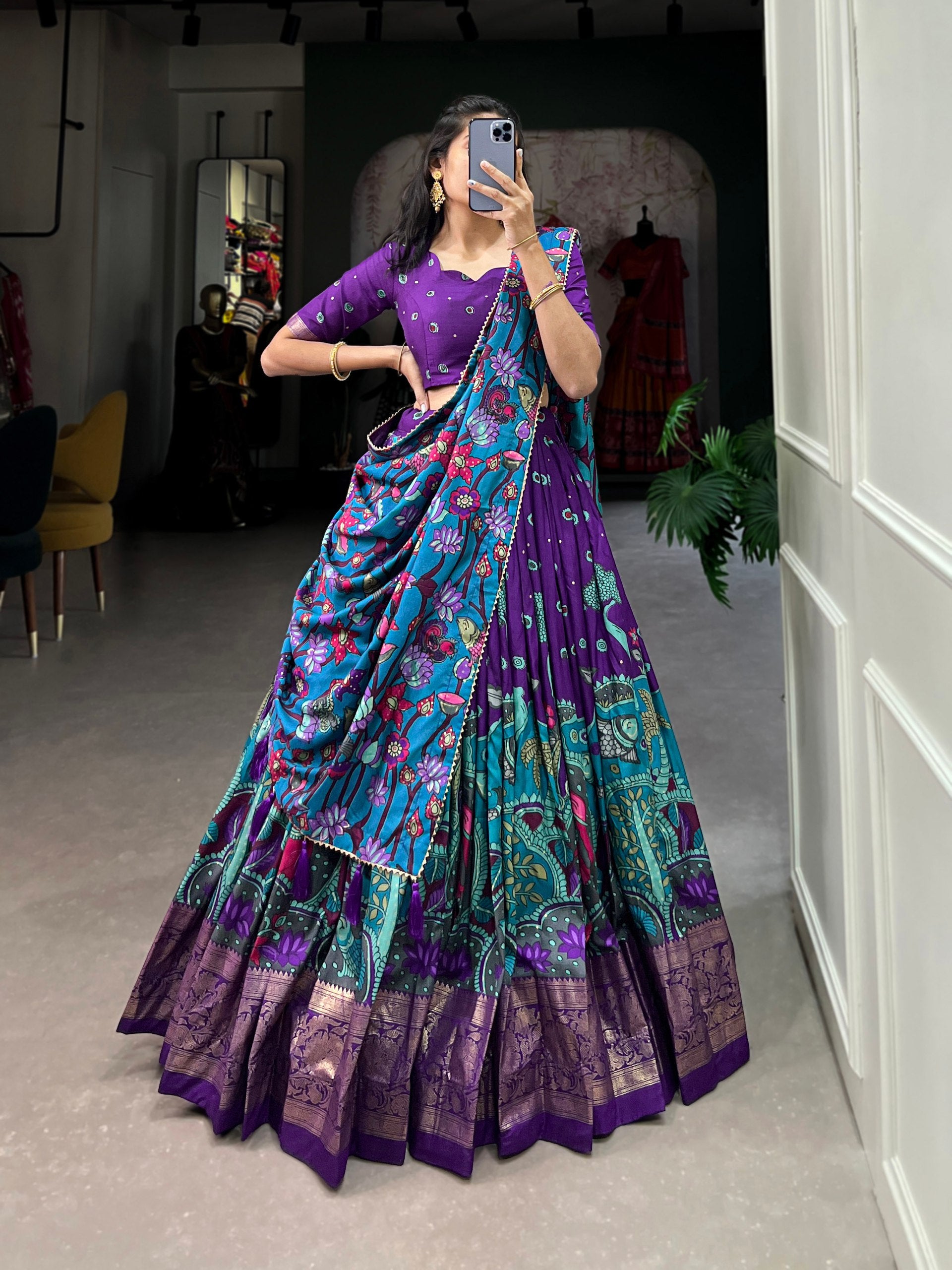 Ethnic Hand-Painted Kalamkari Lehenga with Embellished Blouse and Rich Border Dupatta