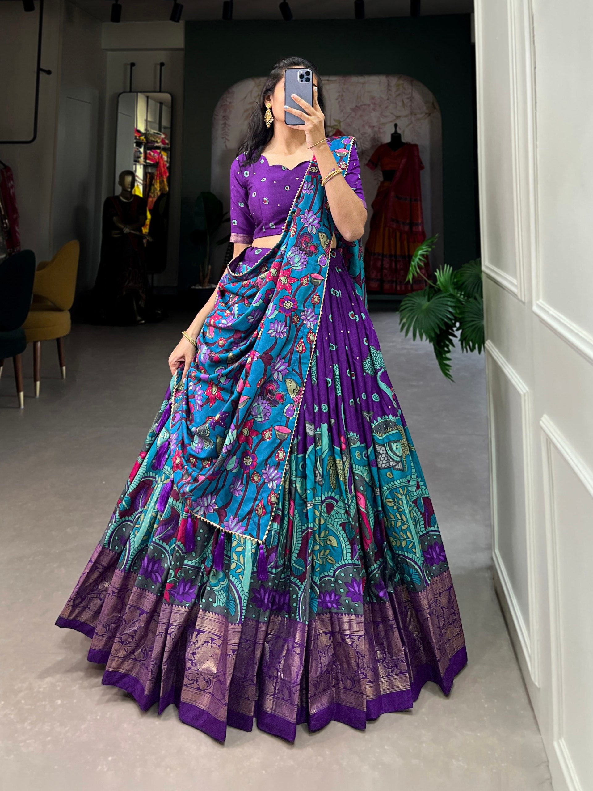 Ethnic Hand-Painted Kalamkari Lehenga with Embellished Blouse and Rich Border Dupatta