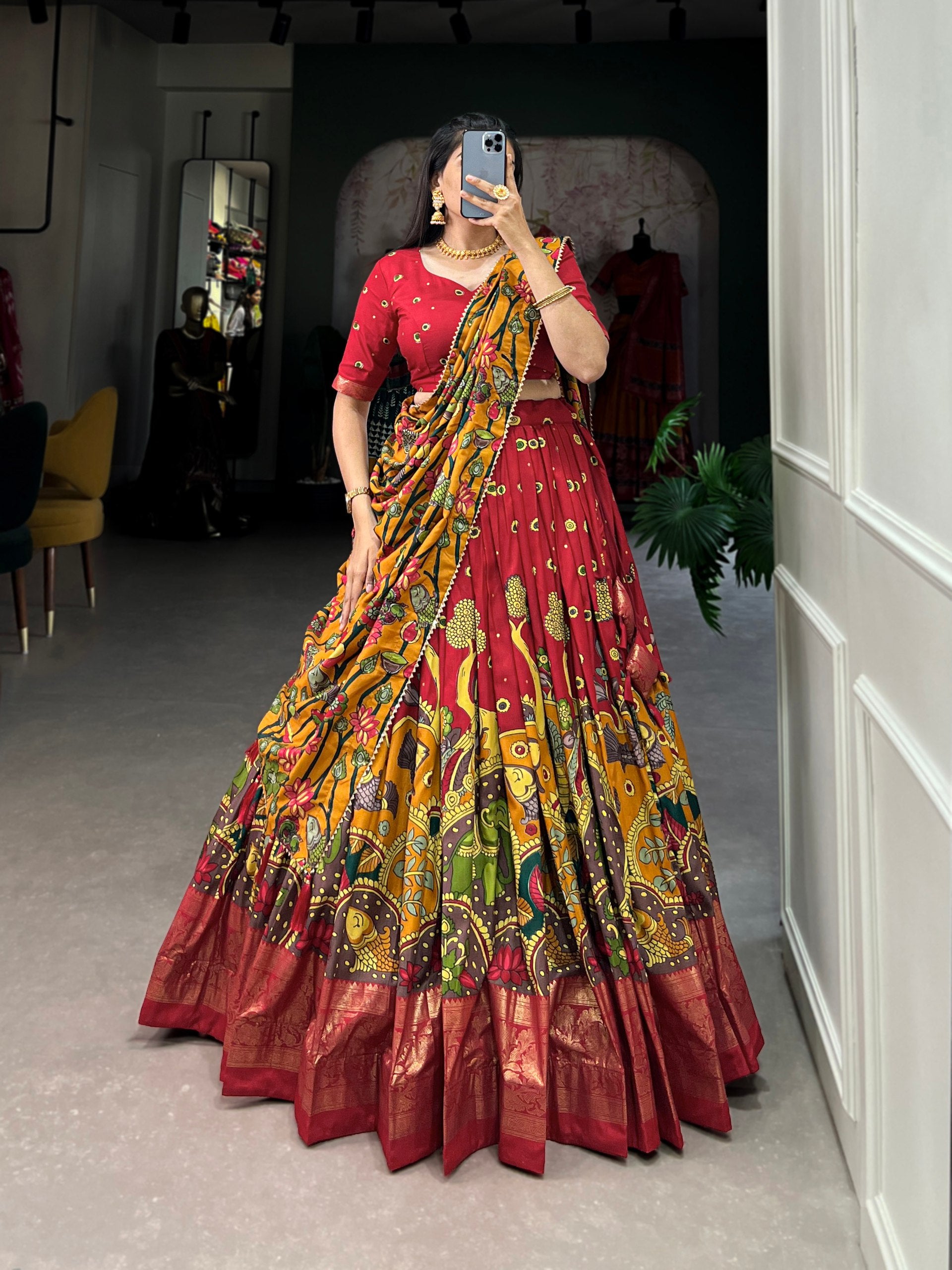 Ethnic Hand-Painted Kalamkari Lehenga with Embellished Blouse and Rich Border Dupatta