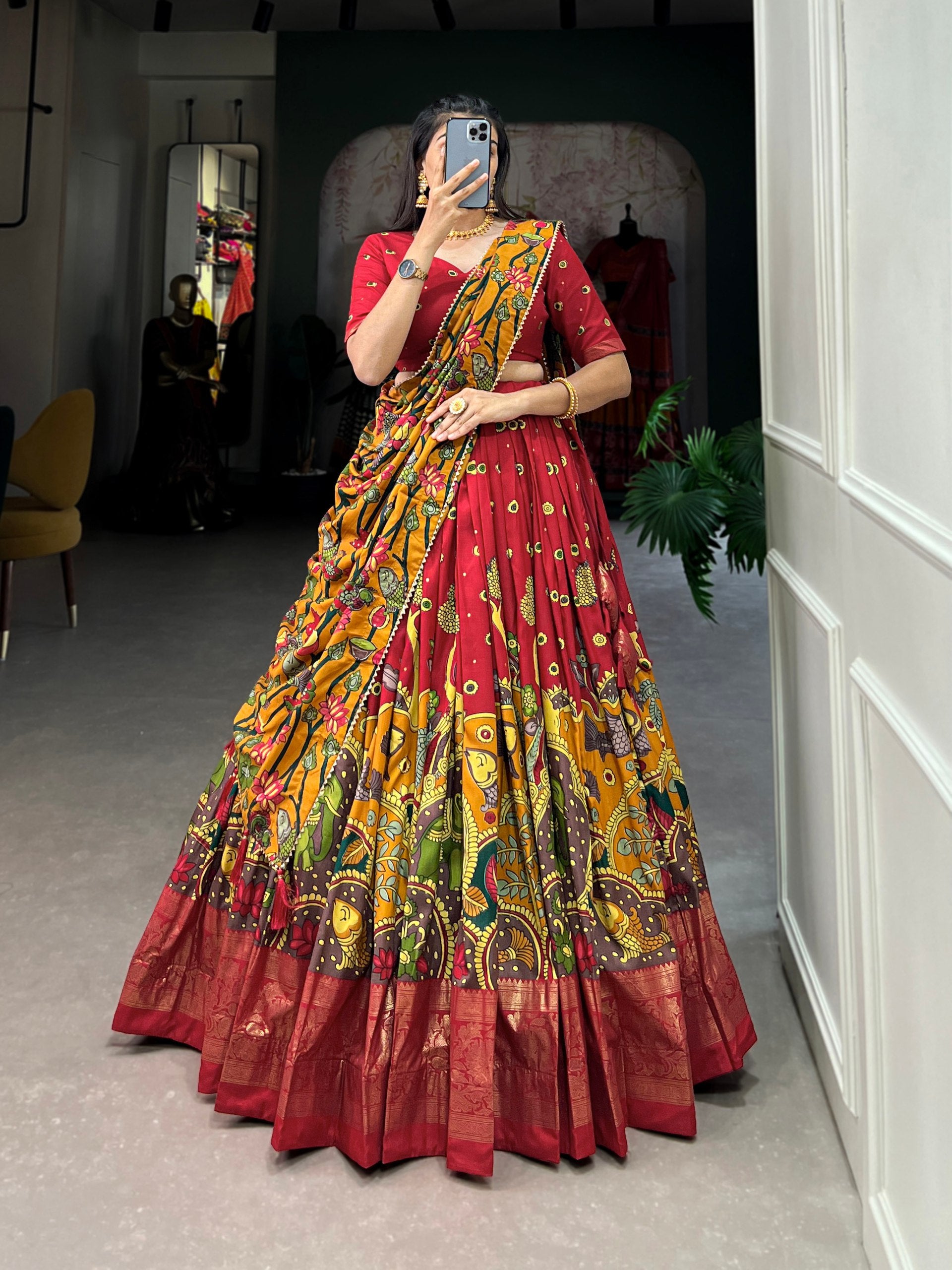 Ethnic Hand-Painted Kalamkari Lehenga with Embellished Blouse and Rich Border Dupatta
