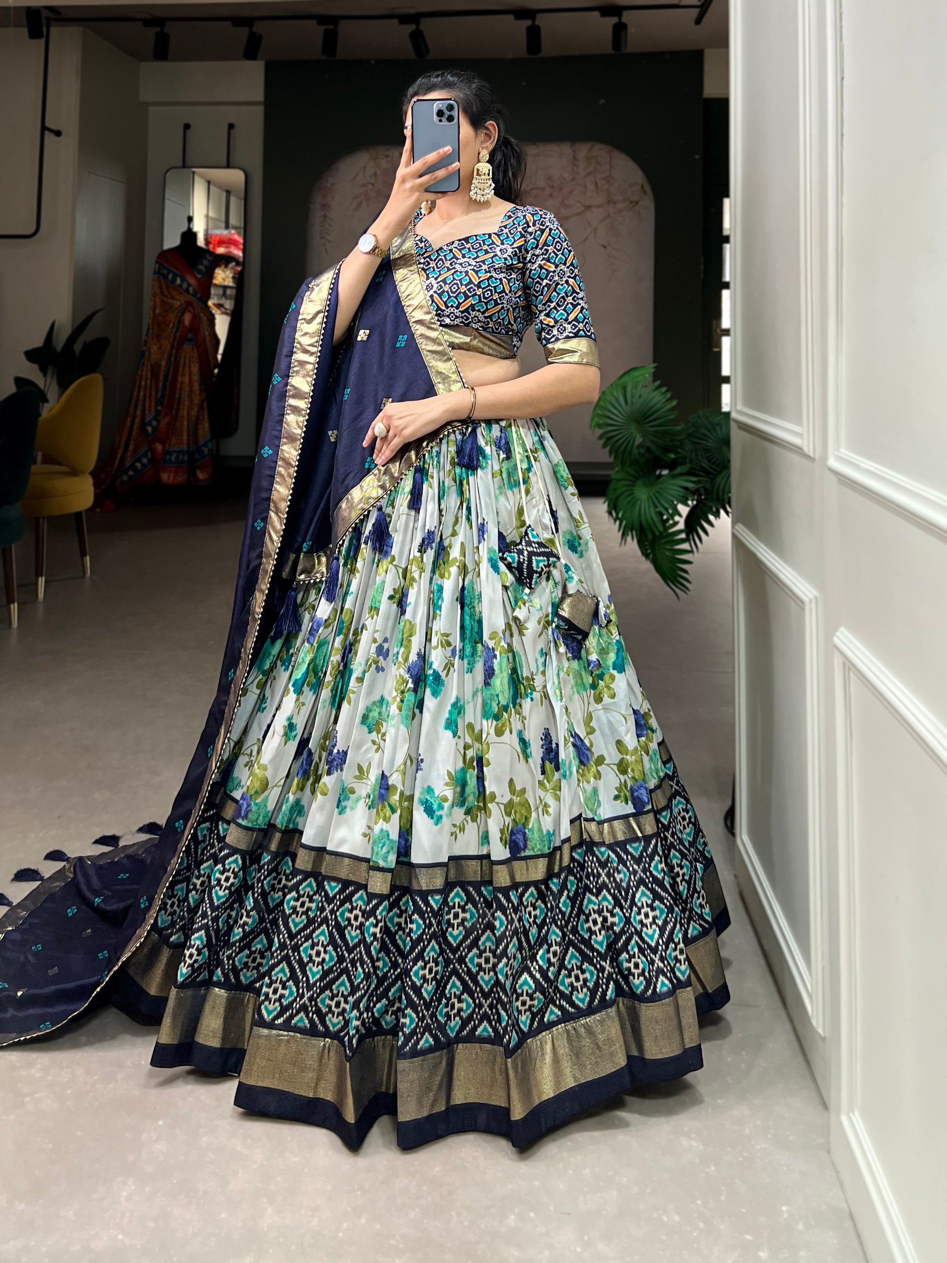 Floral Print Lehenga Choli Set with Geometric Blouse and Zari Border Dupatta