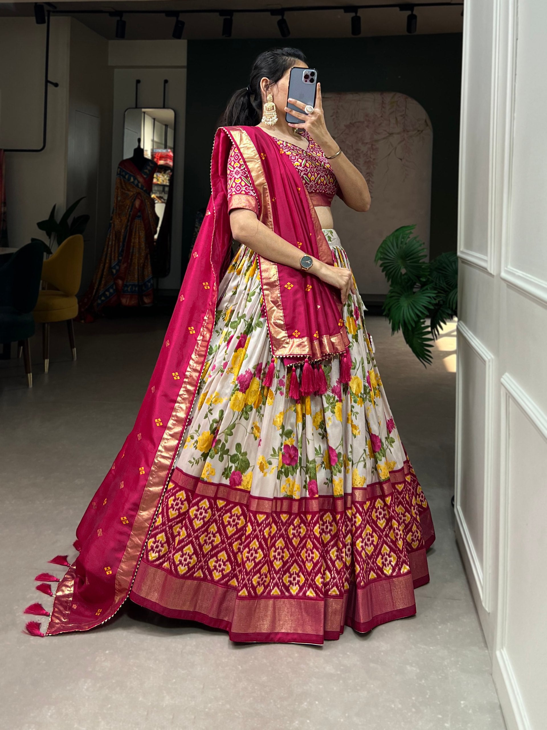 Floral Print Lehenga Choli Set with Geometric Blouse and Zari Border Dupatta