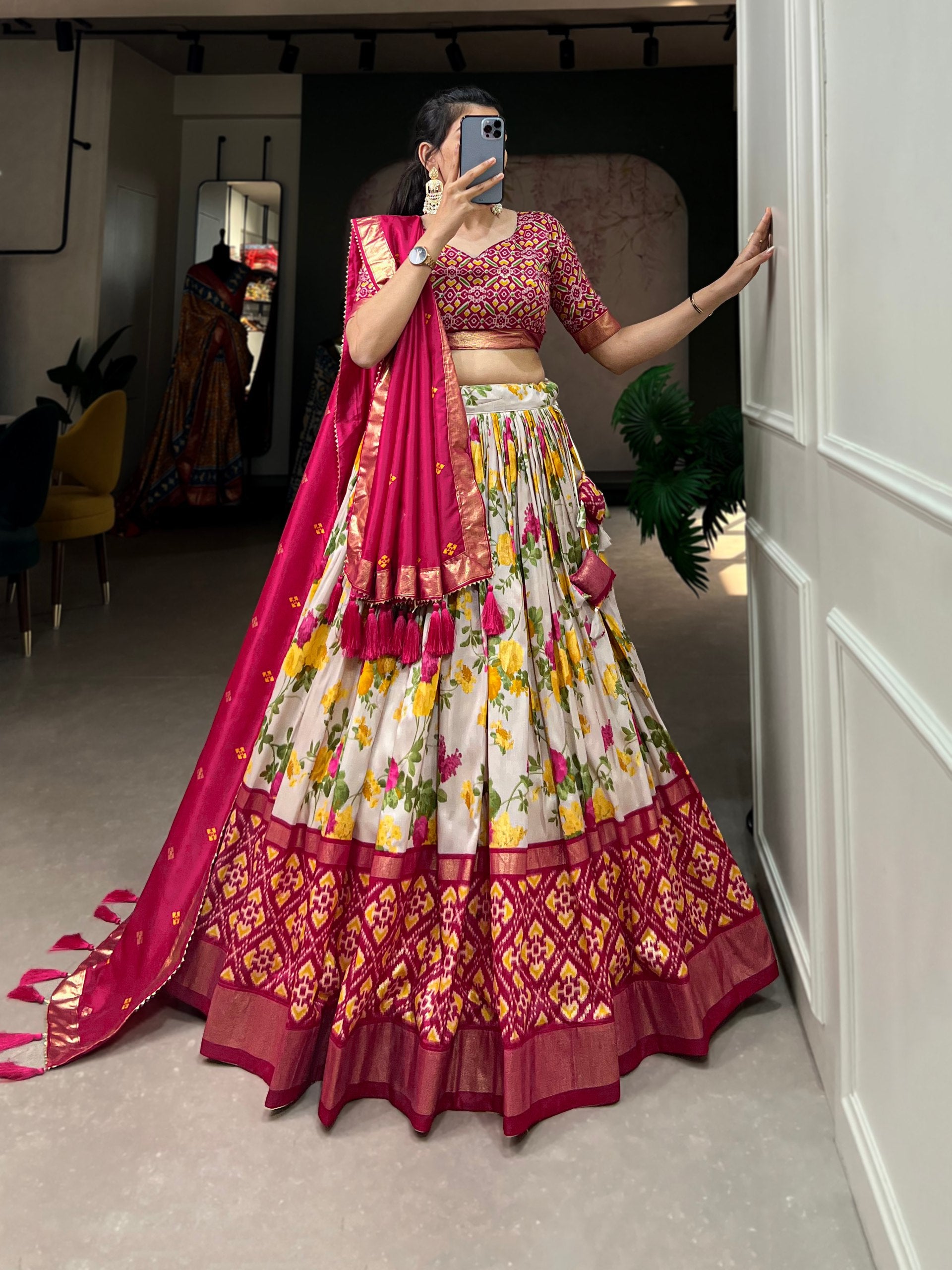 Floral Print Lehenga Choli Set with Geometric Blouse and Zari Border Dupatta