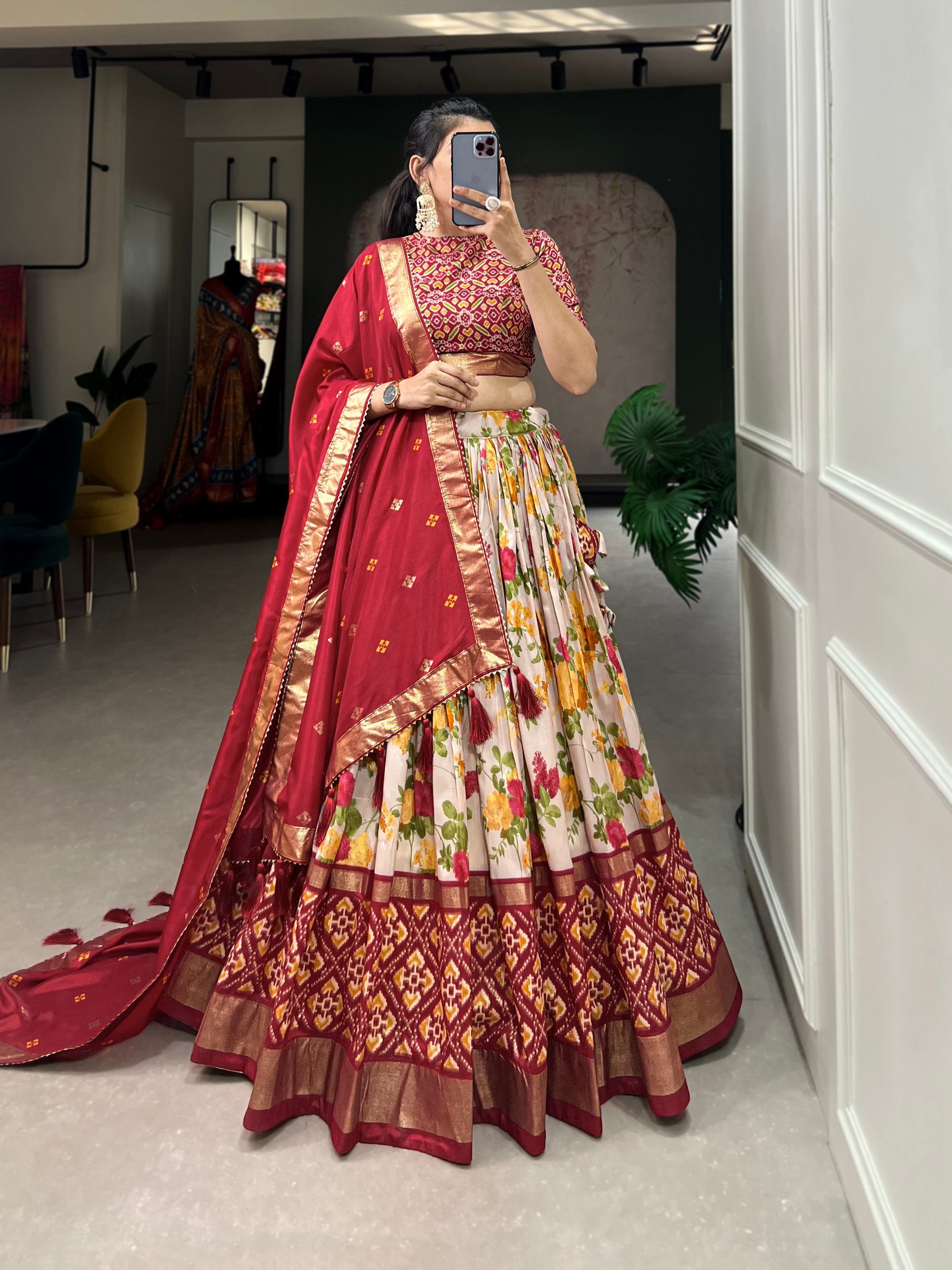 Floral Print Lehenga Choli Set with Geometric Blouse and Zari Border Dupatta