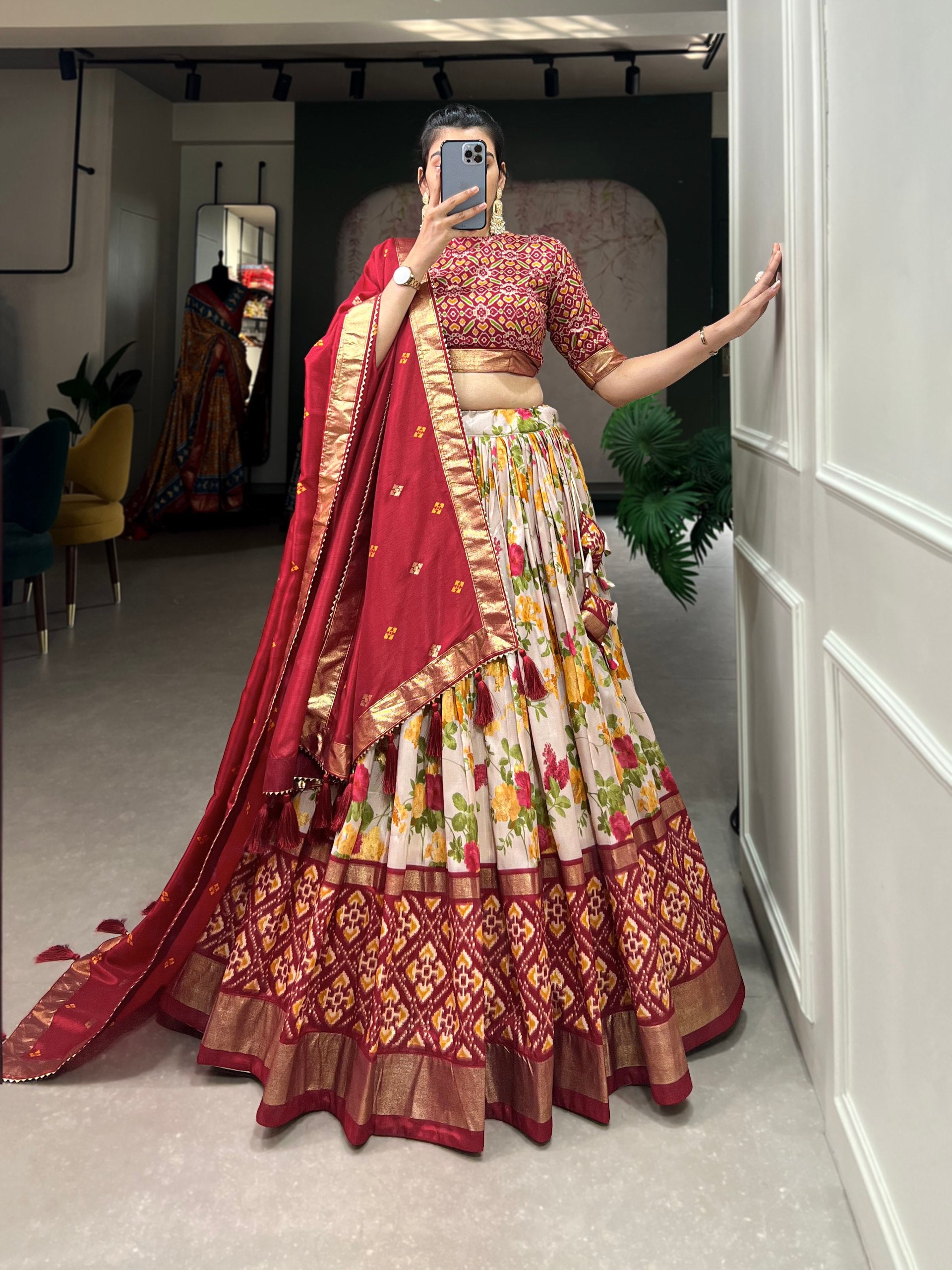 Floral Print Lehenga Choli Set with Geometric Blouse and Zari Border Dupatta