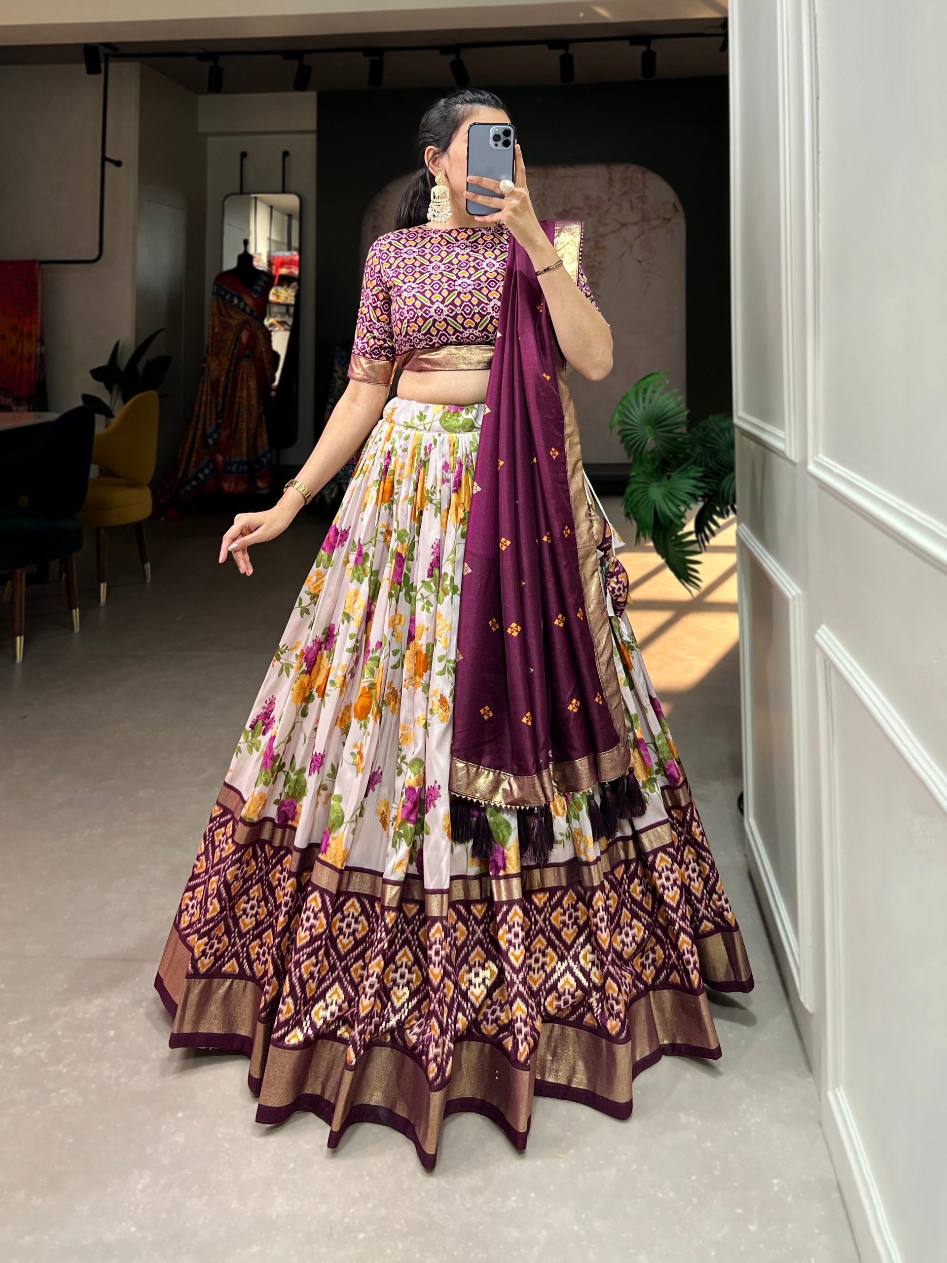 Floral Print Lehenga Choli Set with Geometric Blouse and Zari Border Dupatta