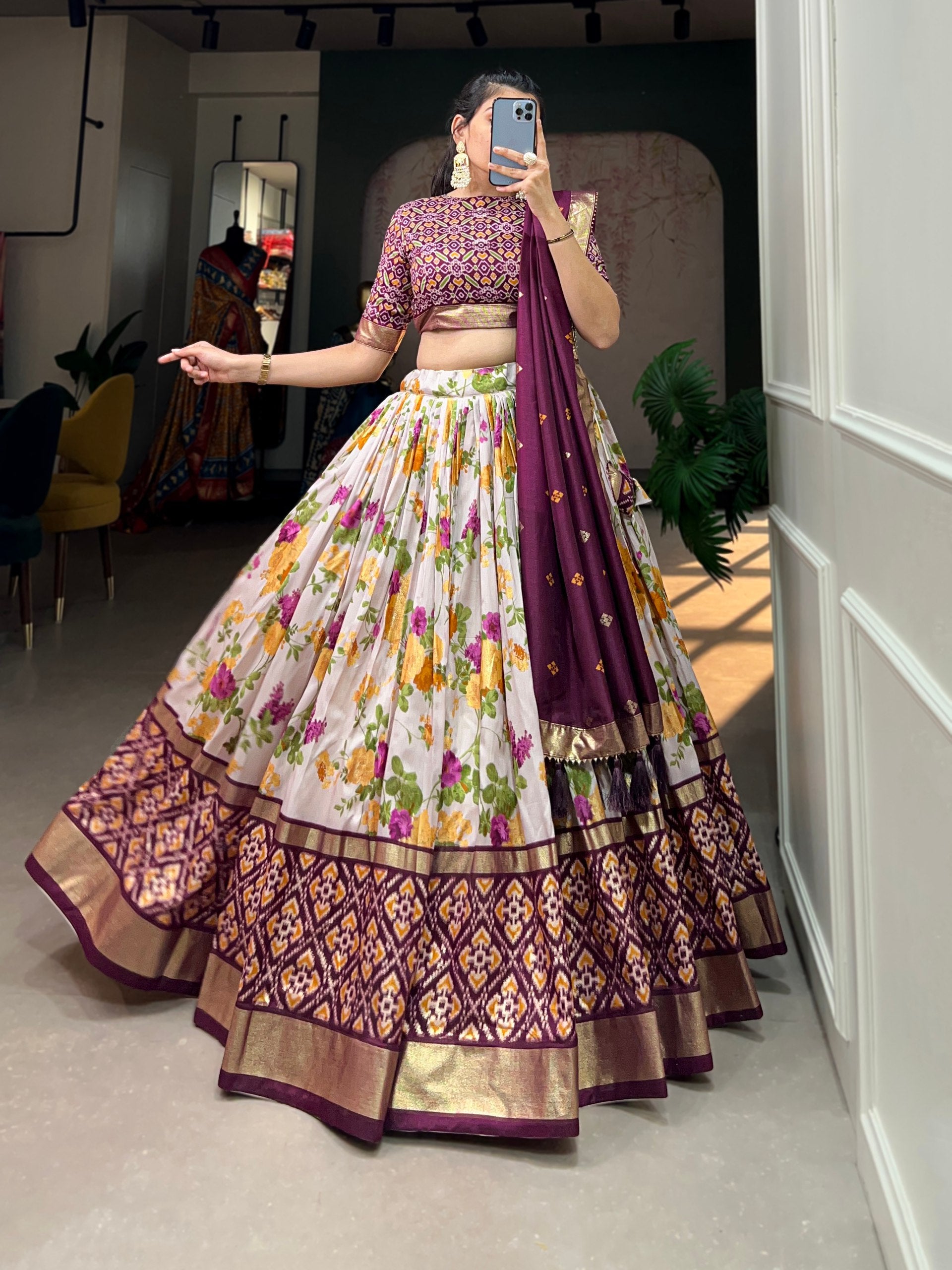 Floral Print Lehenga Choli Set with Geometric Blouse and Zari Border Dupatta