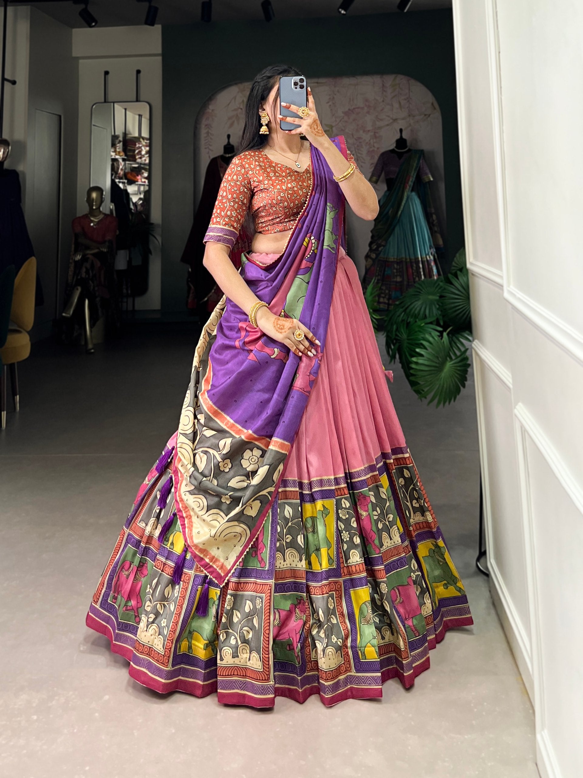 Handcrafted Kalamkari Print Lehenga with Contrast Blouse and Dupatta