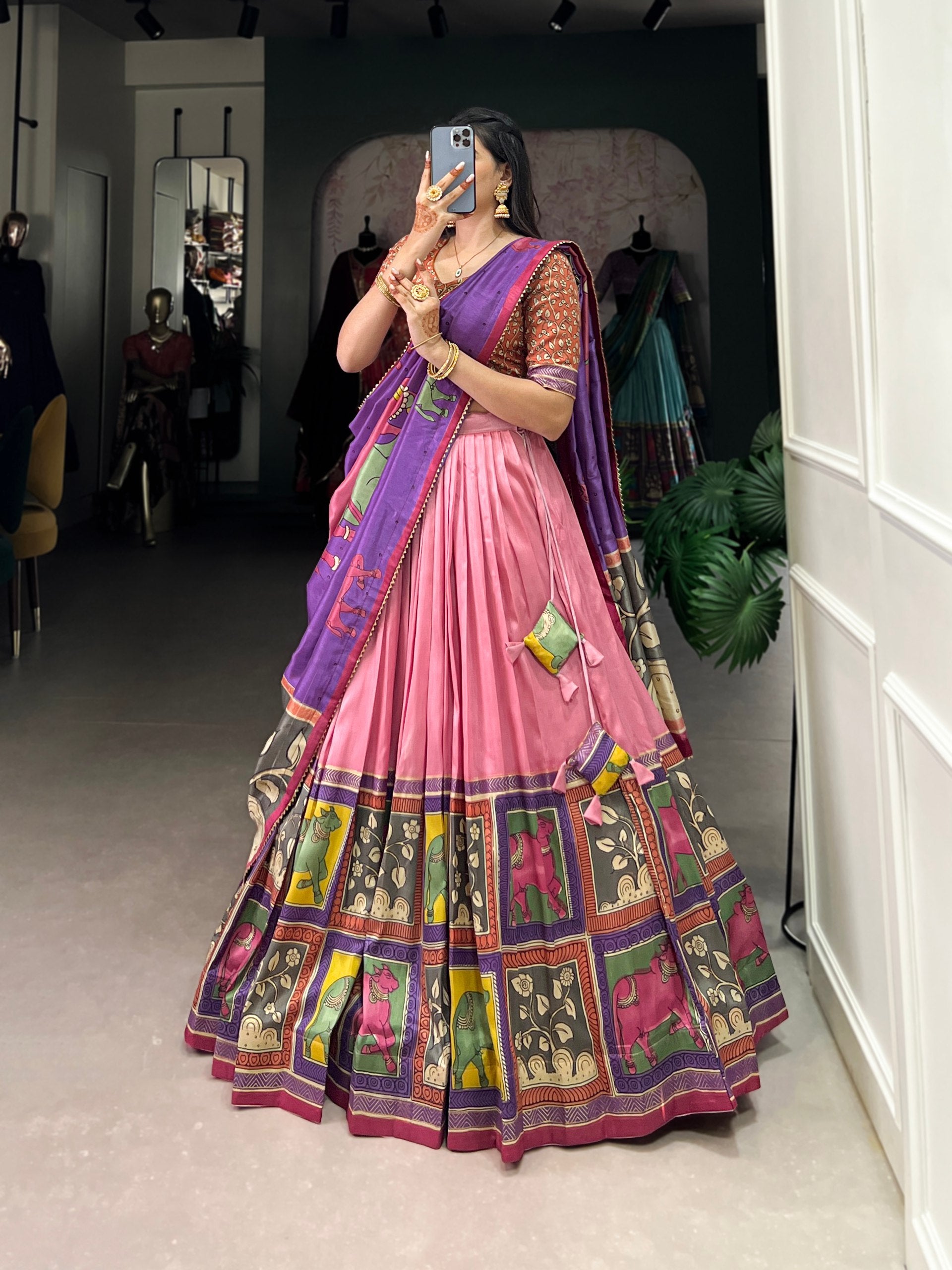 Handcrafted Kalamkari Print Lehenga with Contrast Blouse and Dupatta