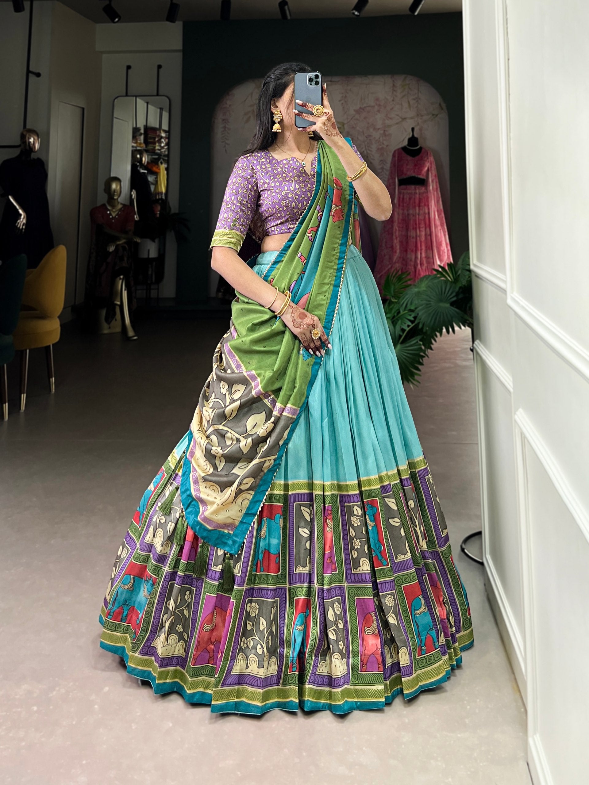 Handcrafted Kalamkari Print Lehenga with Contrast Blouse and Dupatta