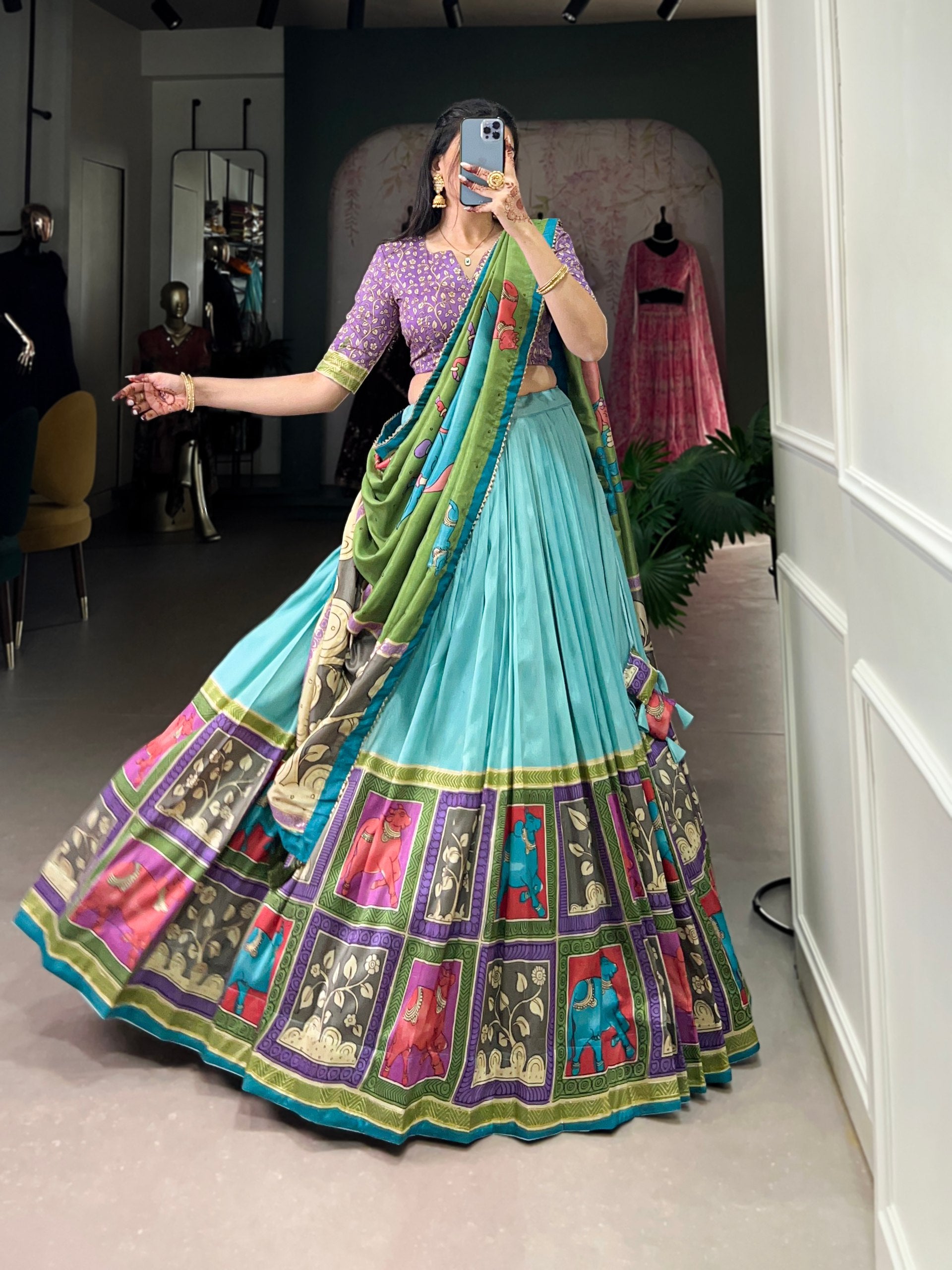 Handcrafted Kalamkari Print Lehenga with Contrast Blouse and Dupatta