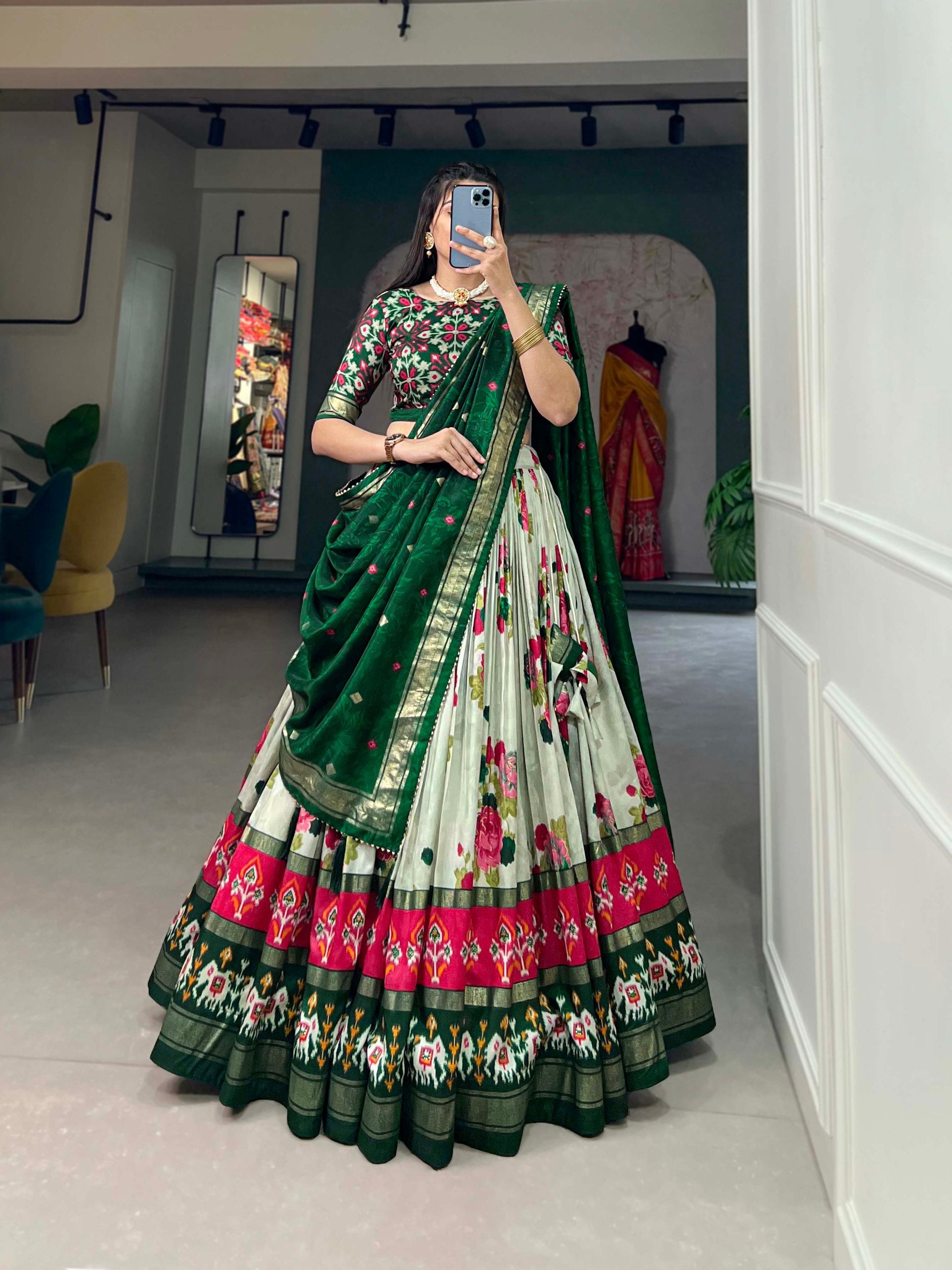 Traditional Multi-Print Lehenga Choli with Elephant Border and Dupatta