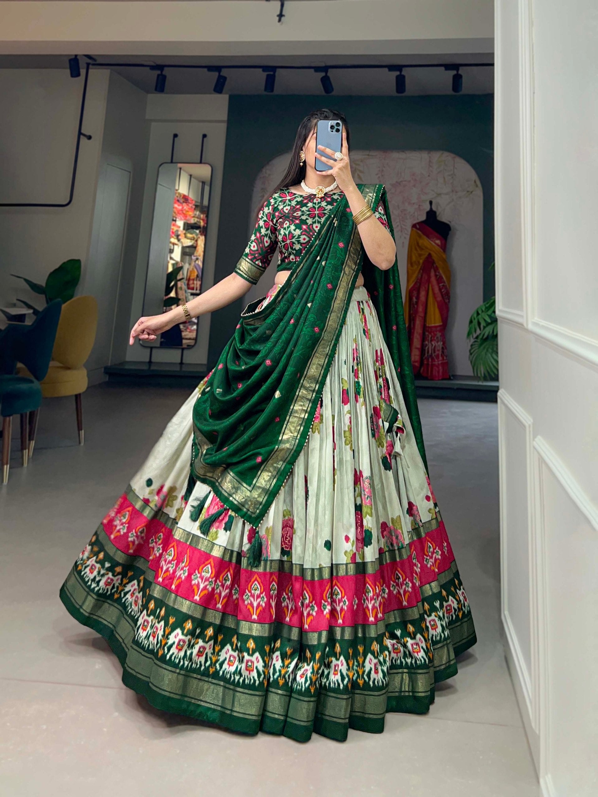 Traditional Multi-Print Lehenga Choli with Elephant Border and Dupatta