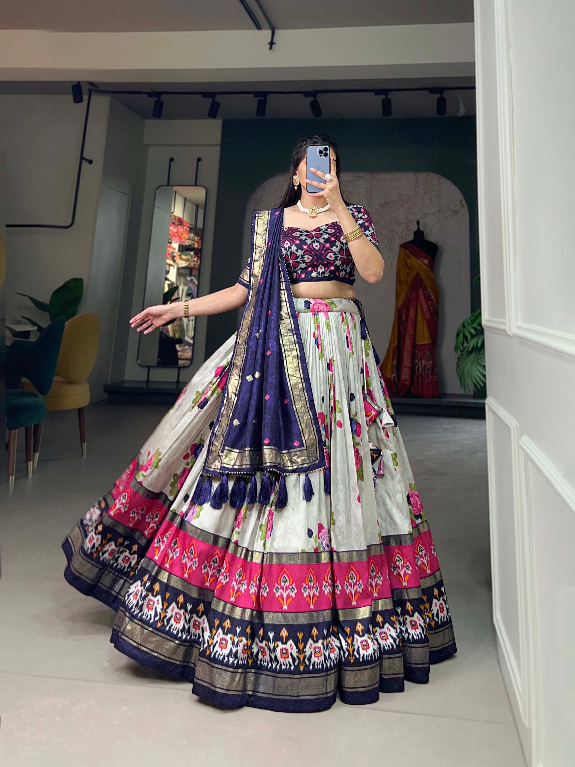 Traditional Multi-Print Lehenga Choli with Elephant Border and Dupatta