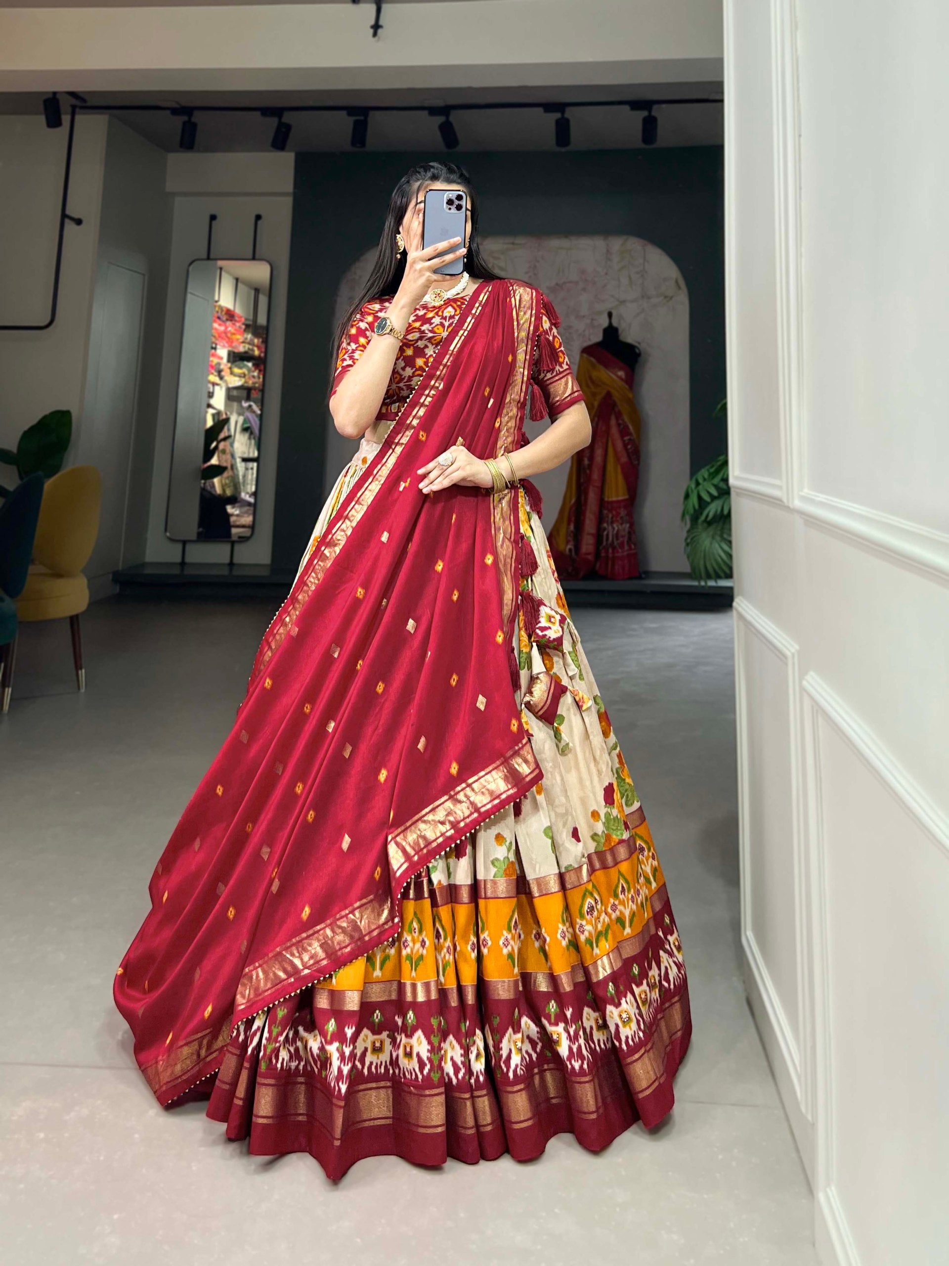 Traditional Multi-Print Lehenga Choli with Elephant Border and Dupatta