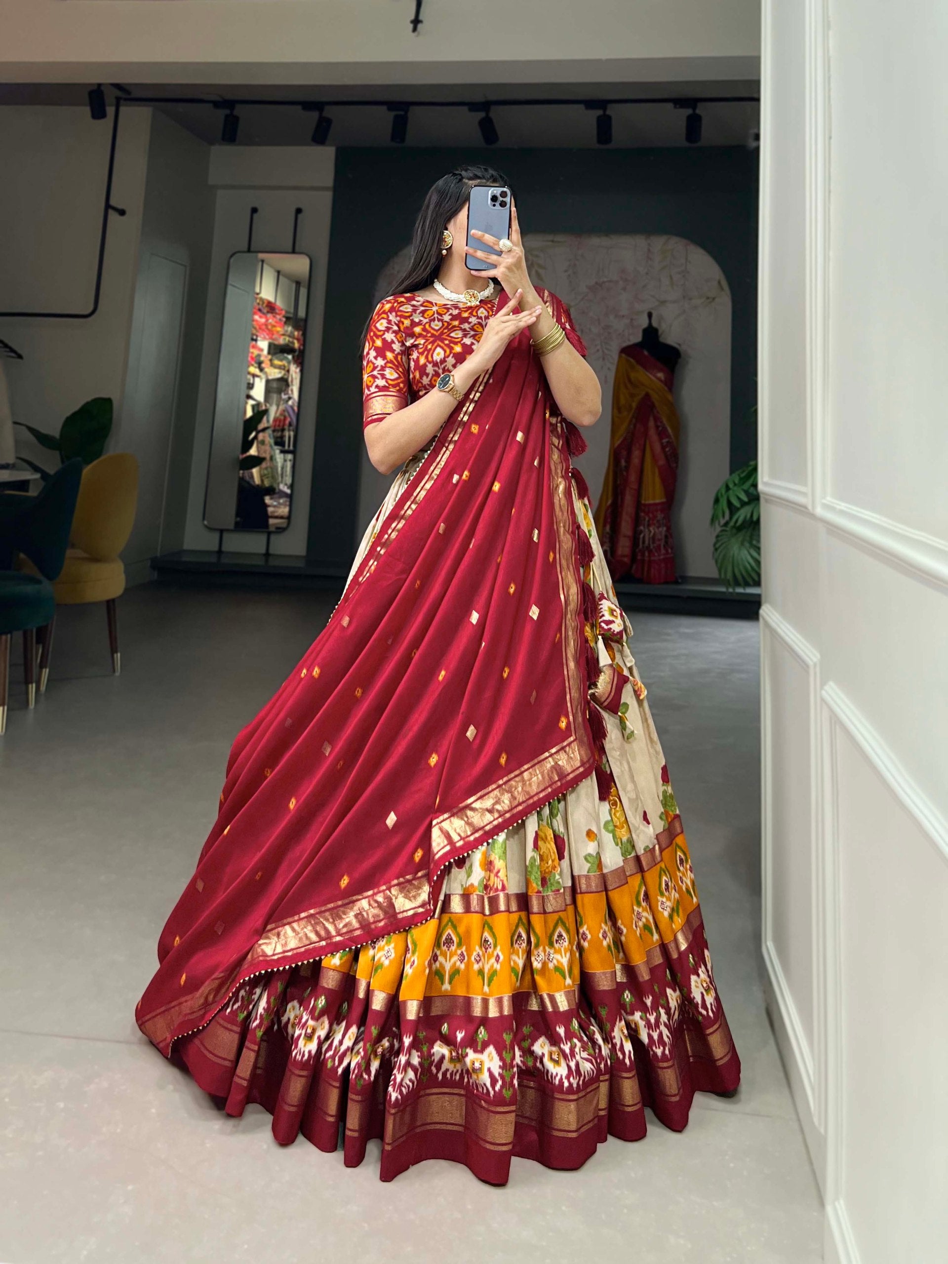 Traditional Multi-Print Lehenga Choli with Elephant Border and Dupatta