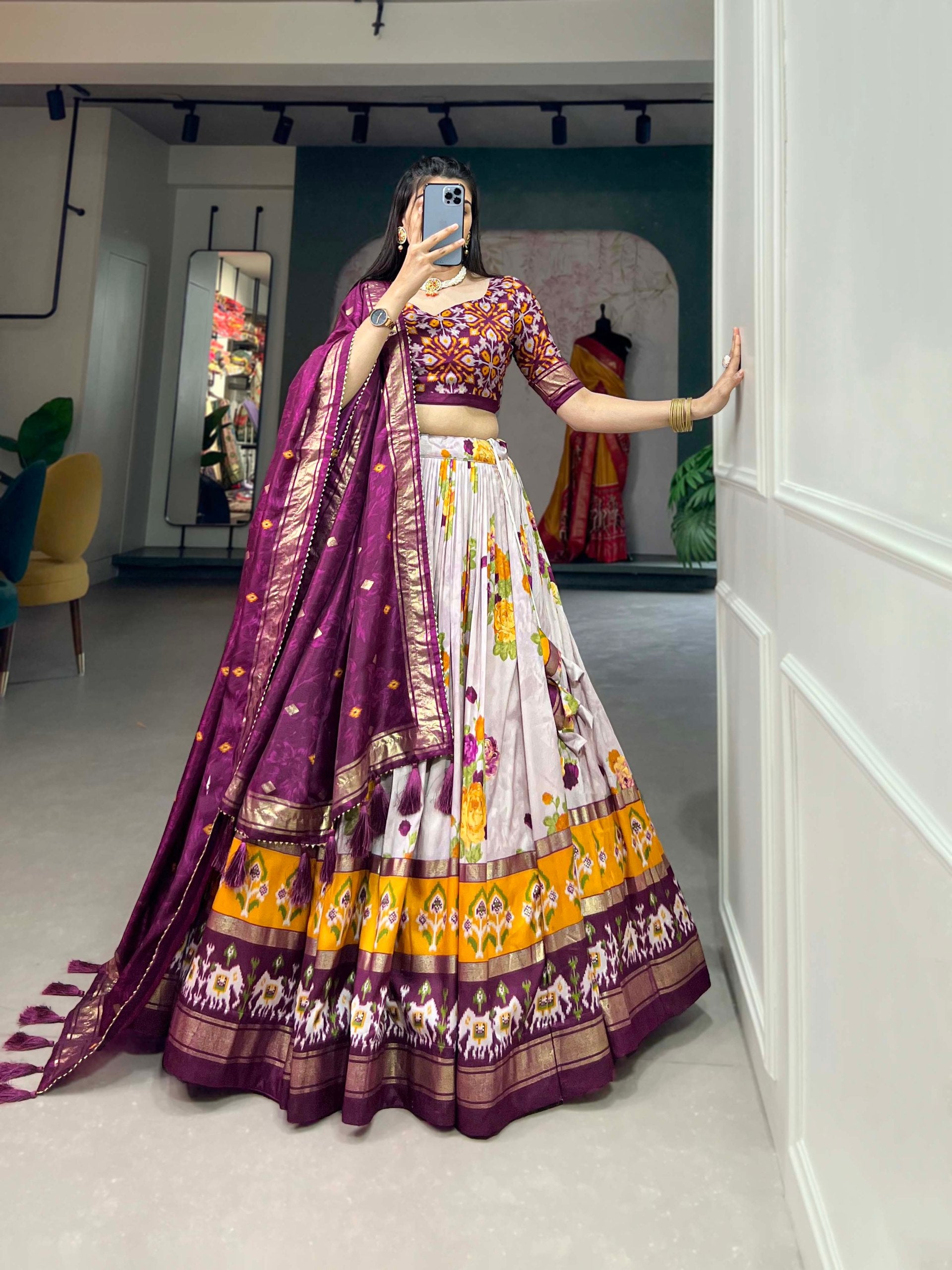 Traditional Multi-Print Lehenga Choli with Elephant Border and Dupatta