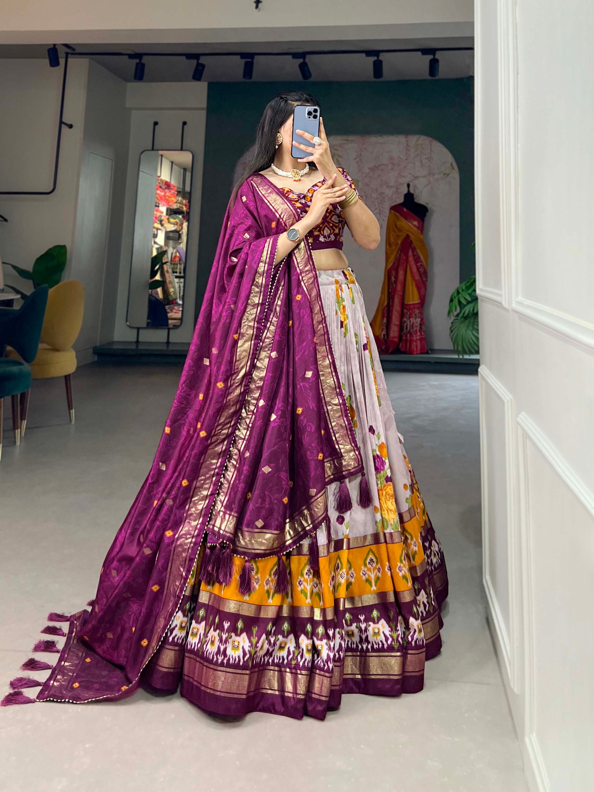 Traditional Multi-Print Lehenga Choli with Elephant Border and Dupatta