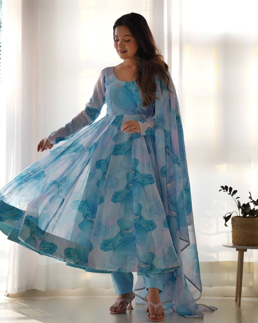 Aqua Sky Blue Watercolor Anarkali Set