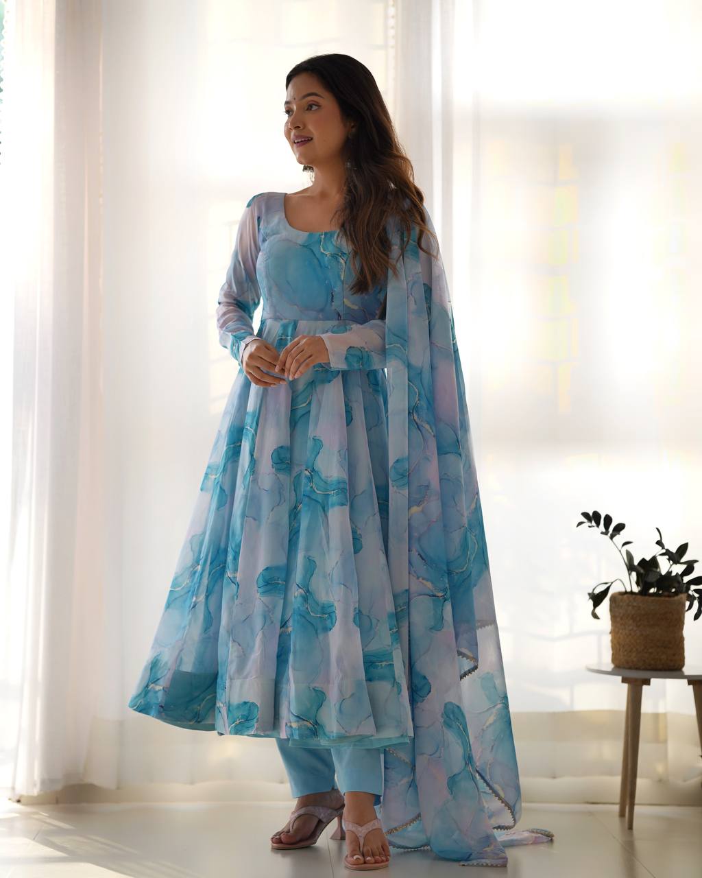 Aqua Sky Blue Watercolor Anarkali Set