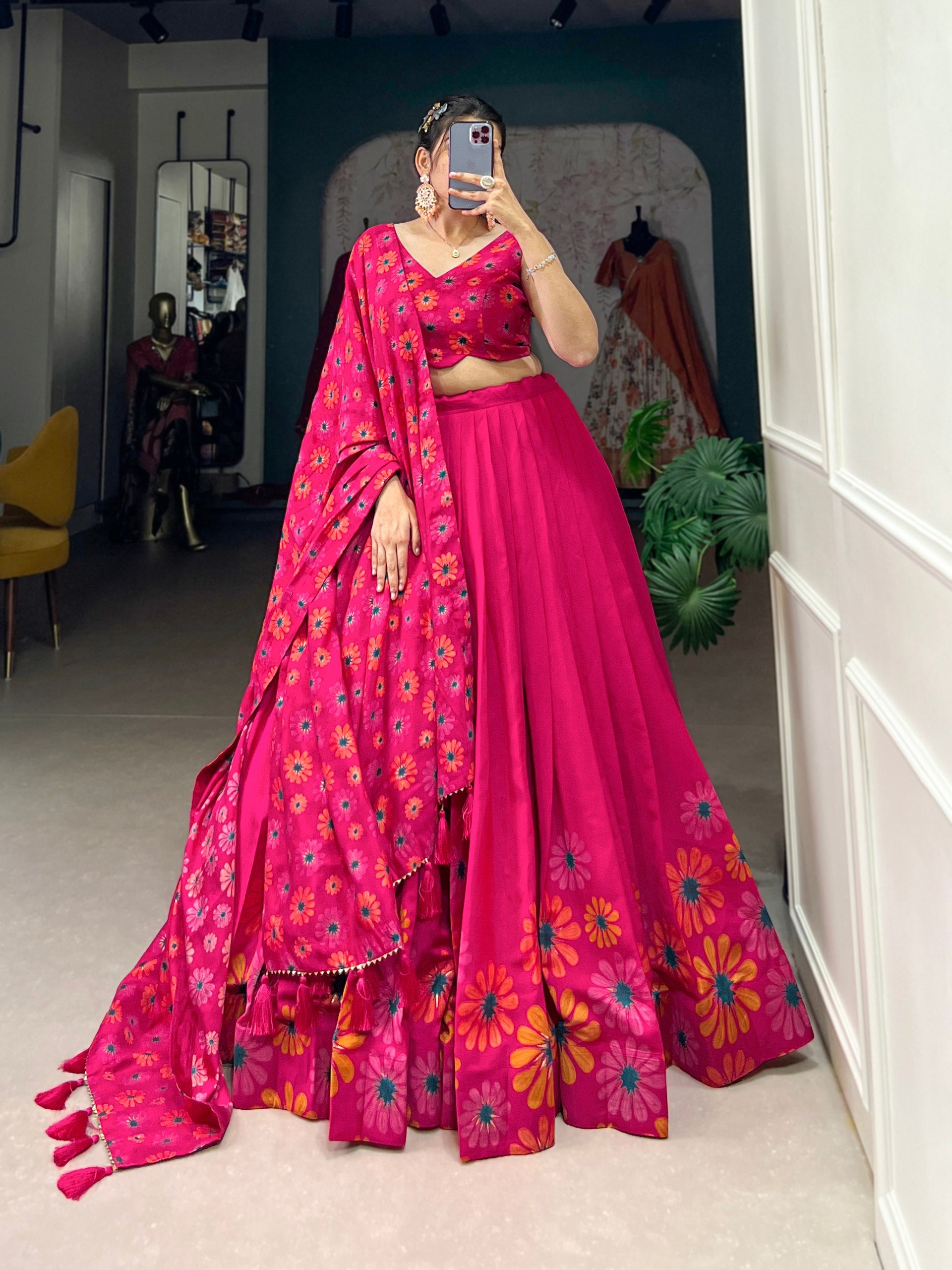 Floral Printed Sleeveless Lehenga Choli Set with Dupatta