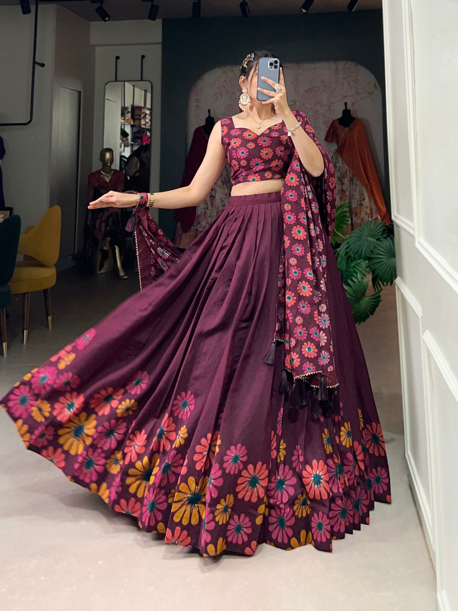 Floral Printed Sleeveless Lehenga Choli Set with Dupatta