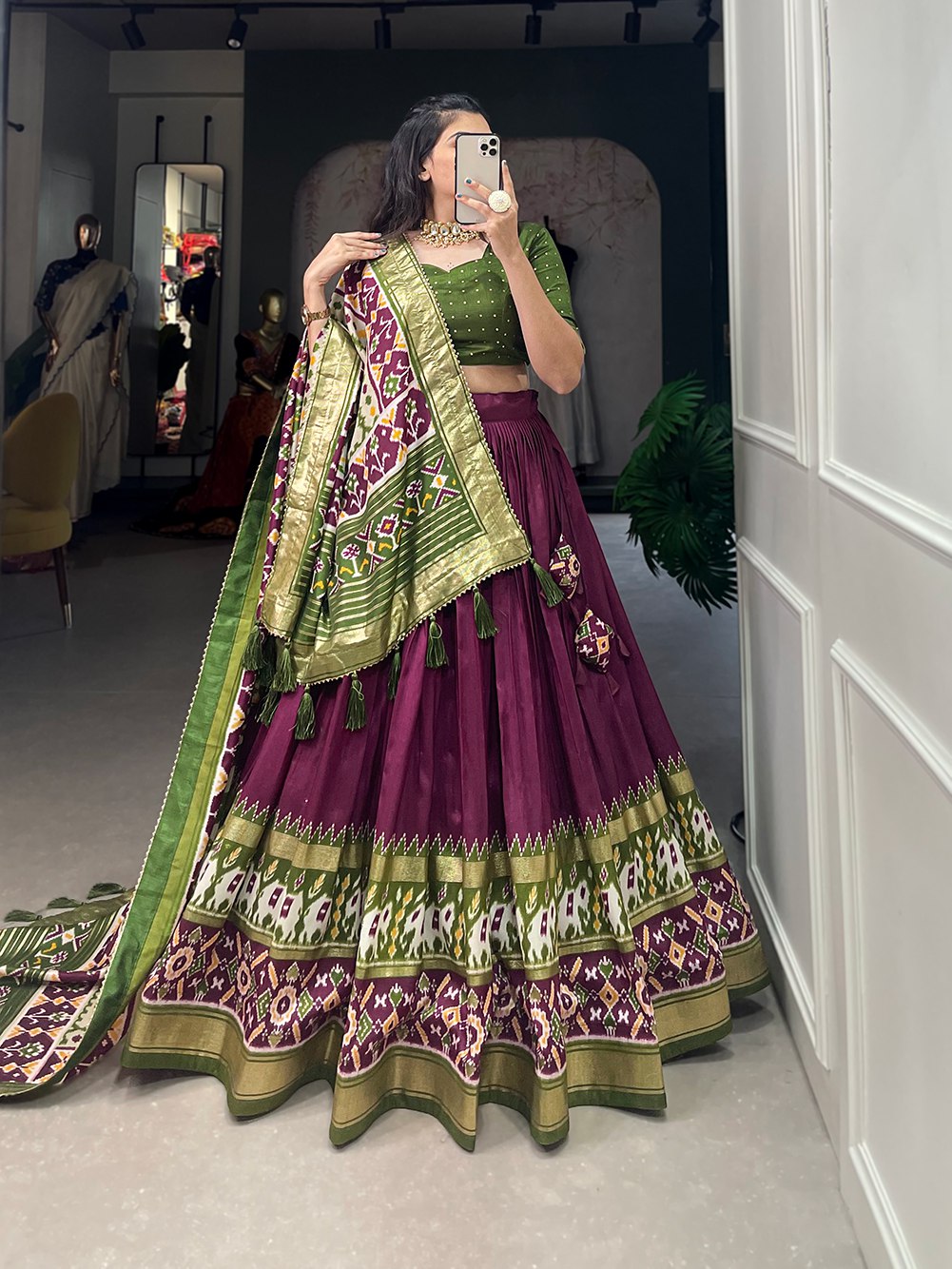 Traditional Elephant Motif Lehenga Choli with Patola Dupatta