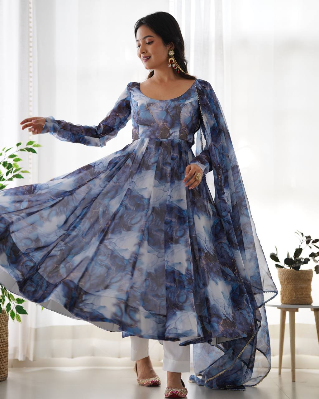 Blue Marble Print Anarkali Suit with Dupatta