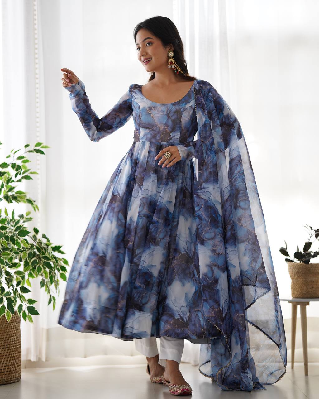 Blue Marble Print Anarkali Suit with Dupatta