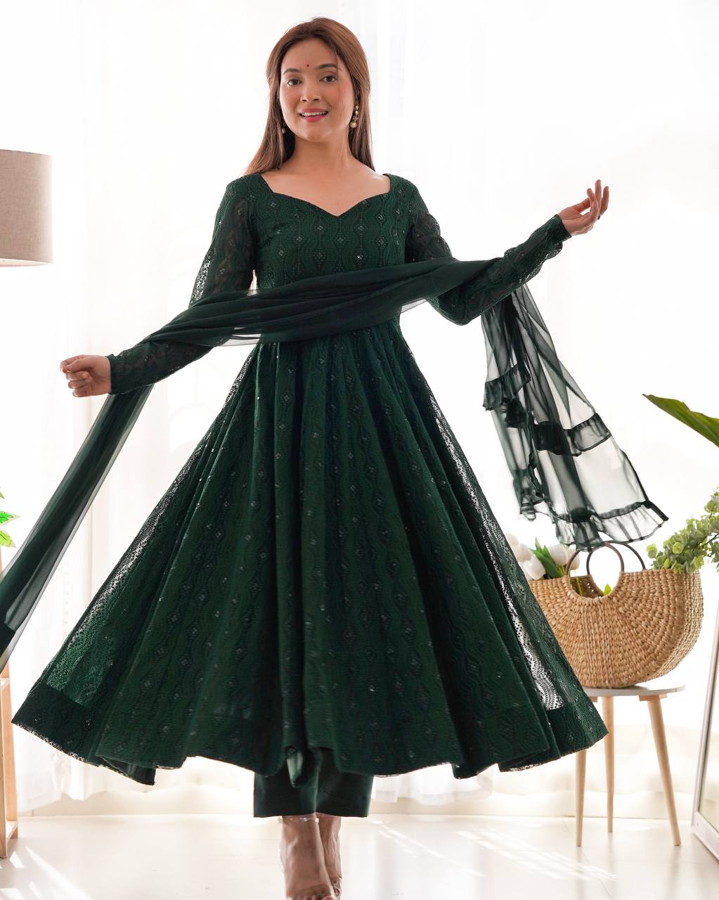 Emerald Green Georgette Flared Anarkali Suit with Dupatta