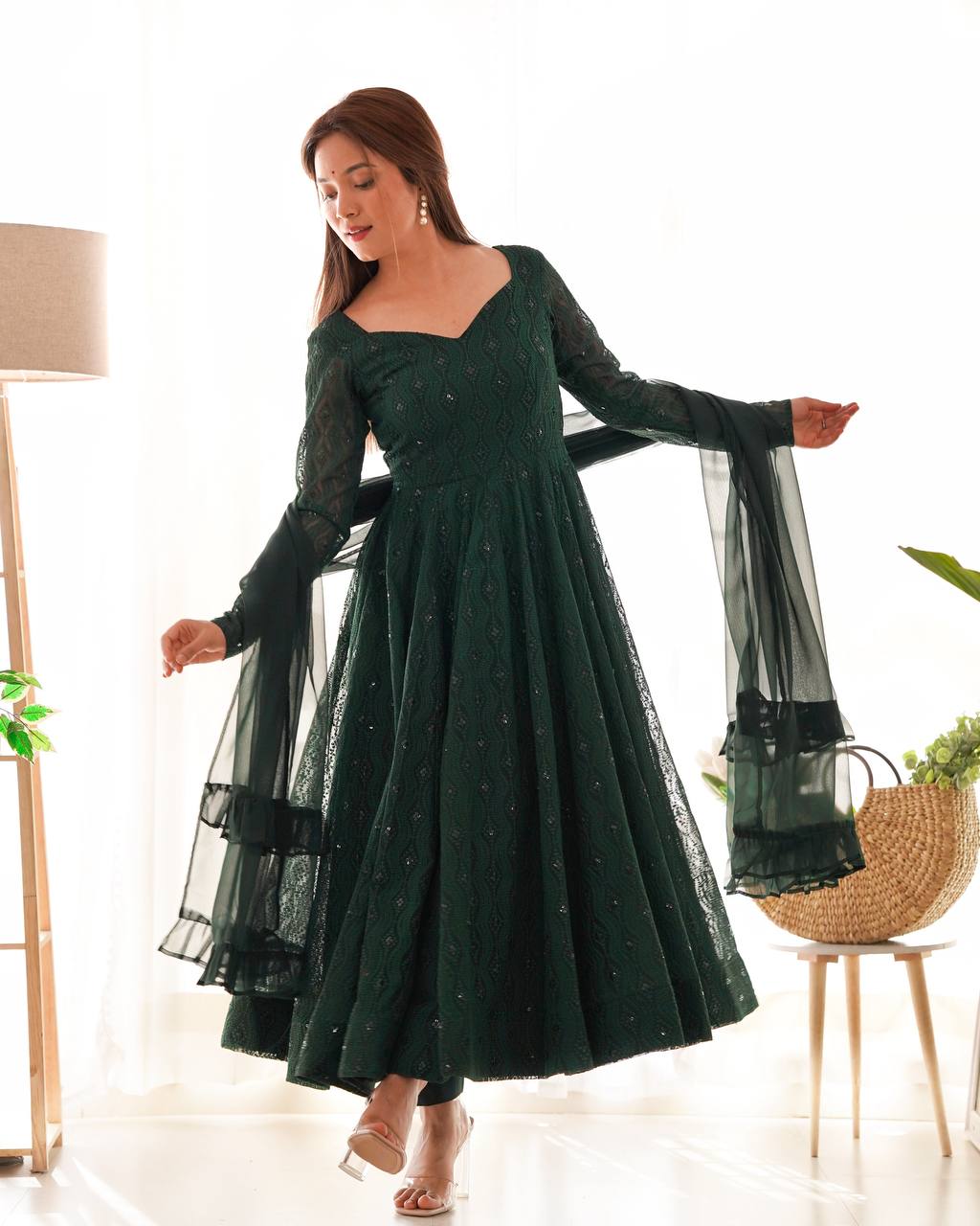 Emerald Green Georgette Flared Anarkali Suit with Dupatta