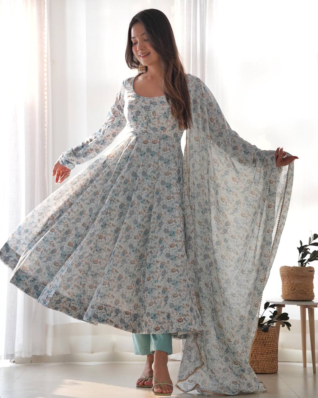 Powder Blue Floral Print Anarkali Set