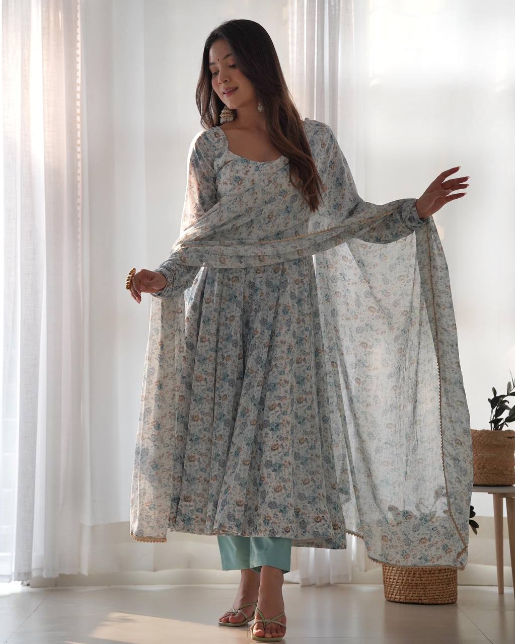 Powder Blue Floral Print Anarkali Set