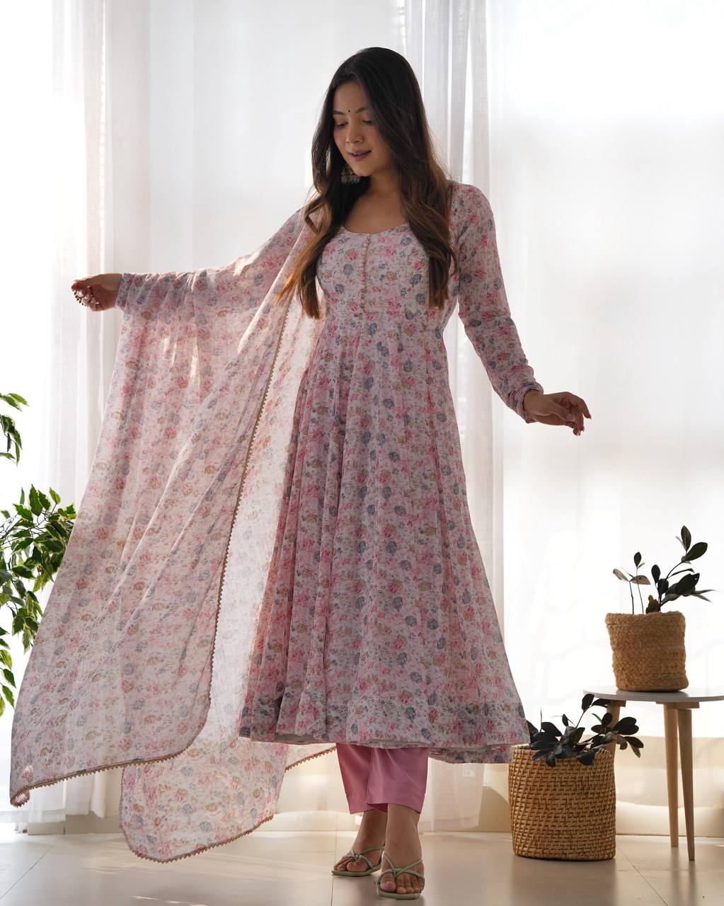 Blush Pink Floral Anarkali Suit with Dupatta