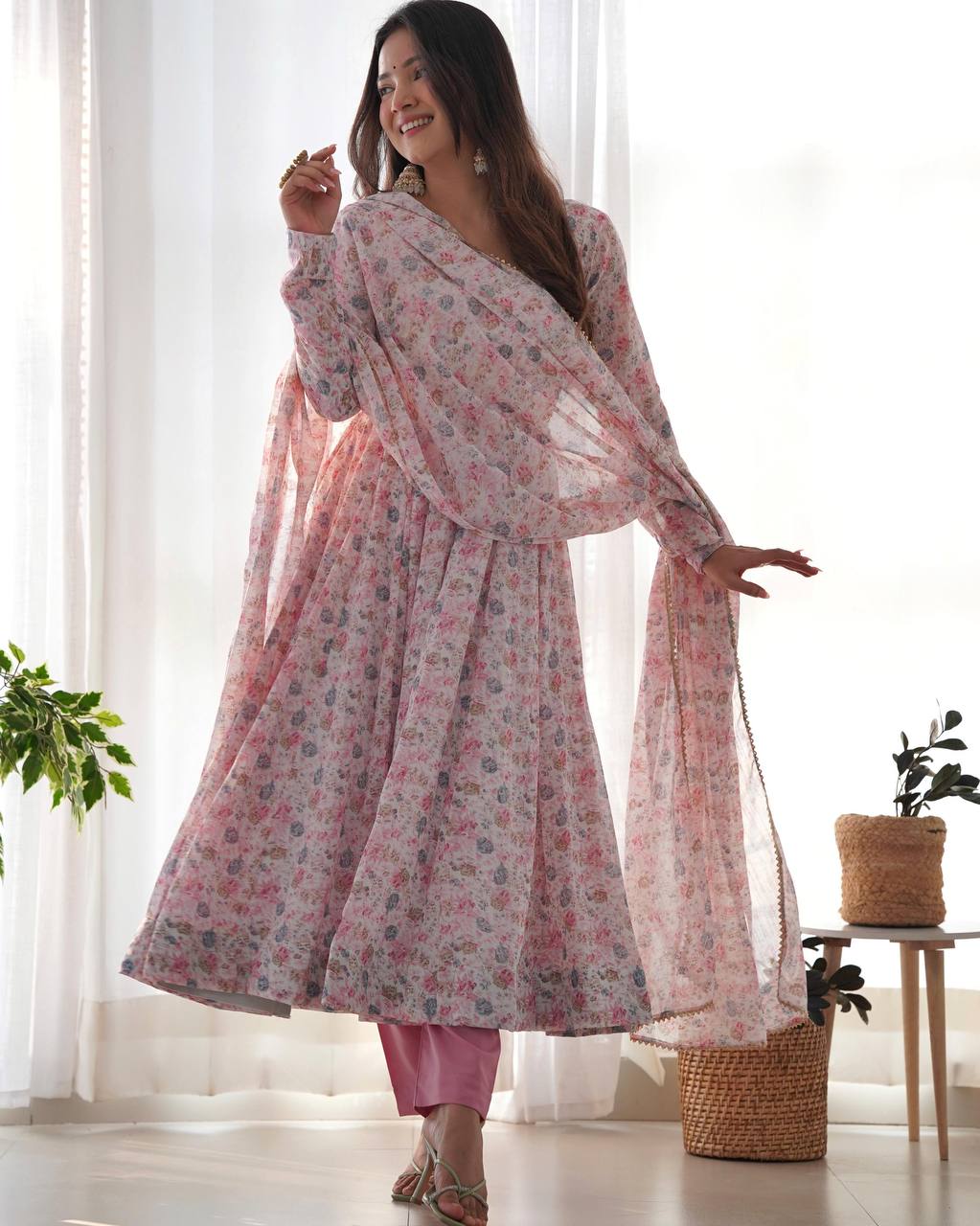 Blush Pink Floral Anarkali Suit with Dupatta