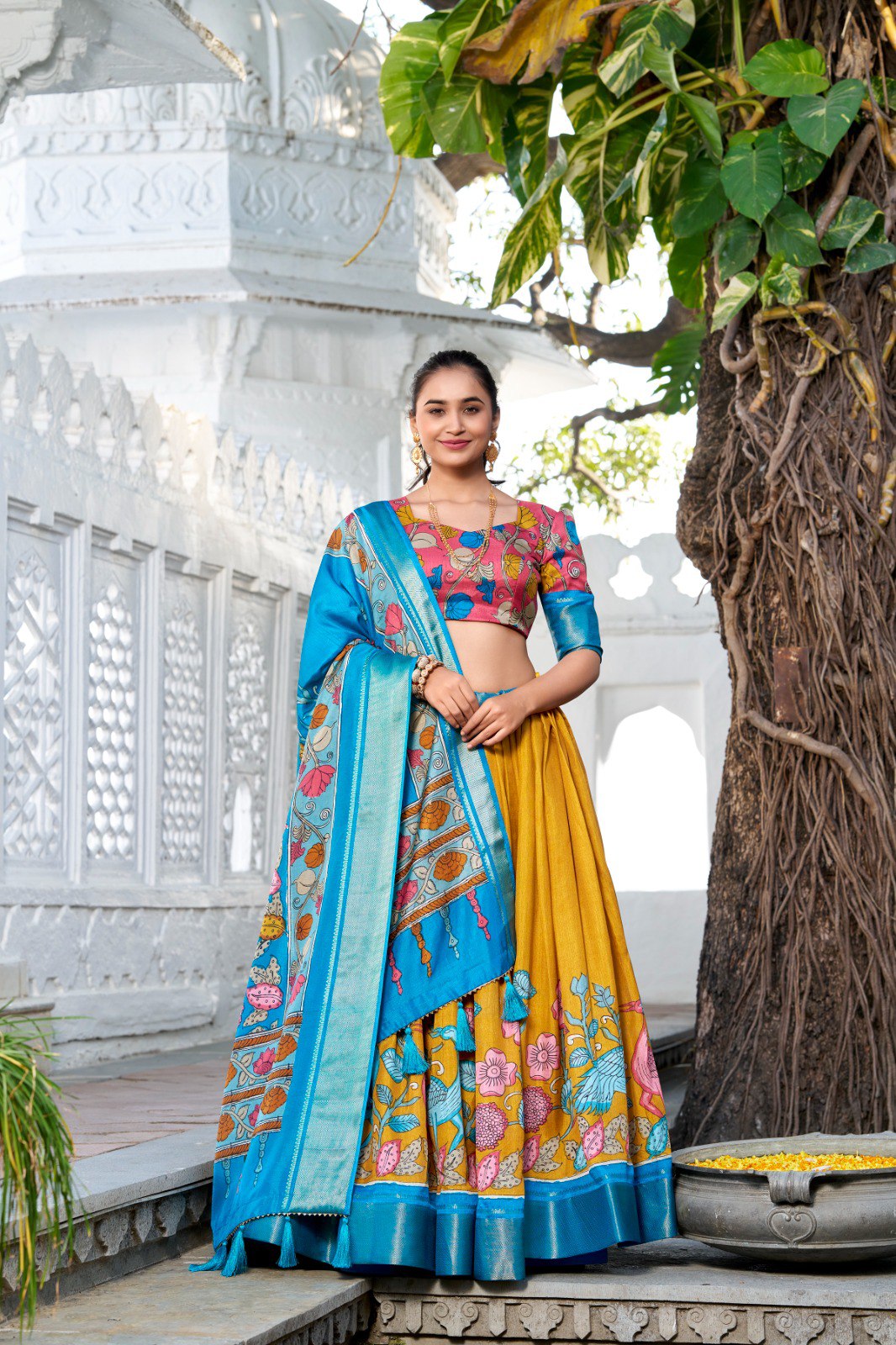 Traditional Kalamkari Motif Lehenga with Printed Blouse and Silk Dupatta
