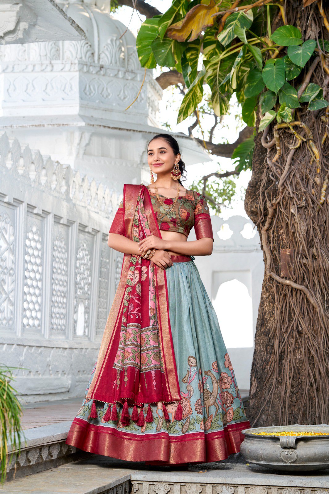 Traditional Kalamkari Motif Lehenga with Printed Blouse and Silk Dupatta