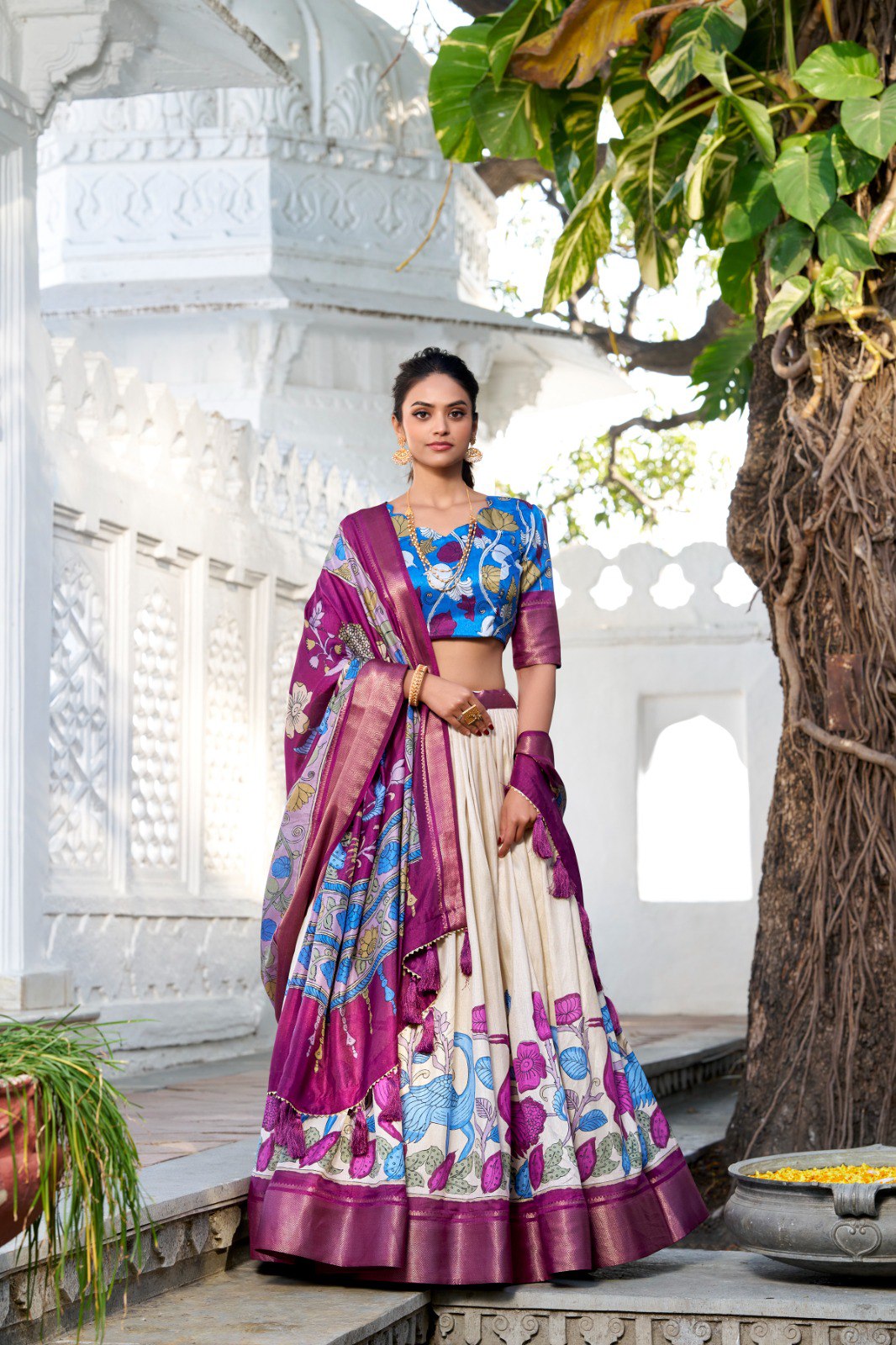 Traditional Kalamkari Motif Lehenga with Printed Blouse and Silk Dupatta