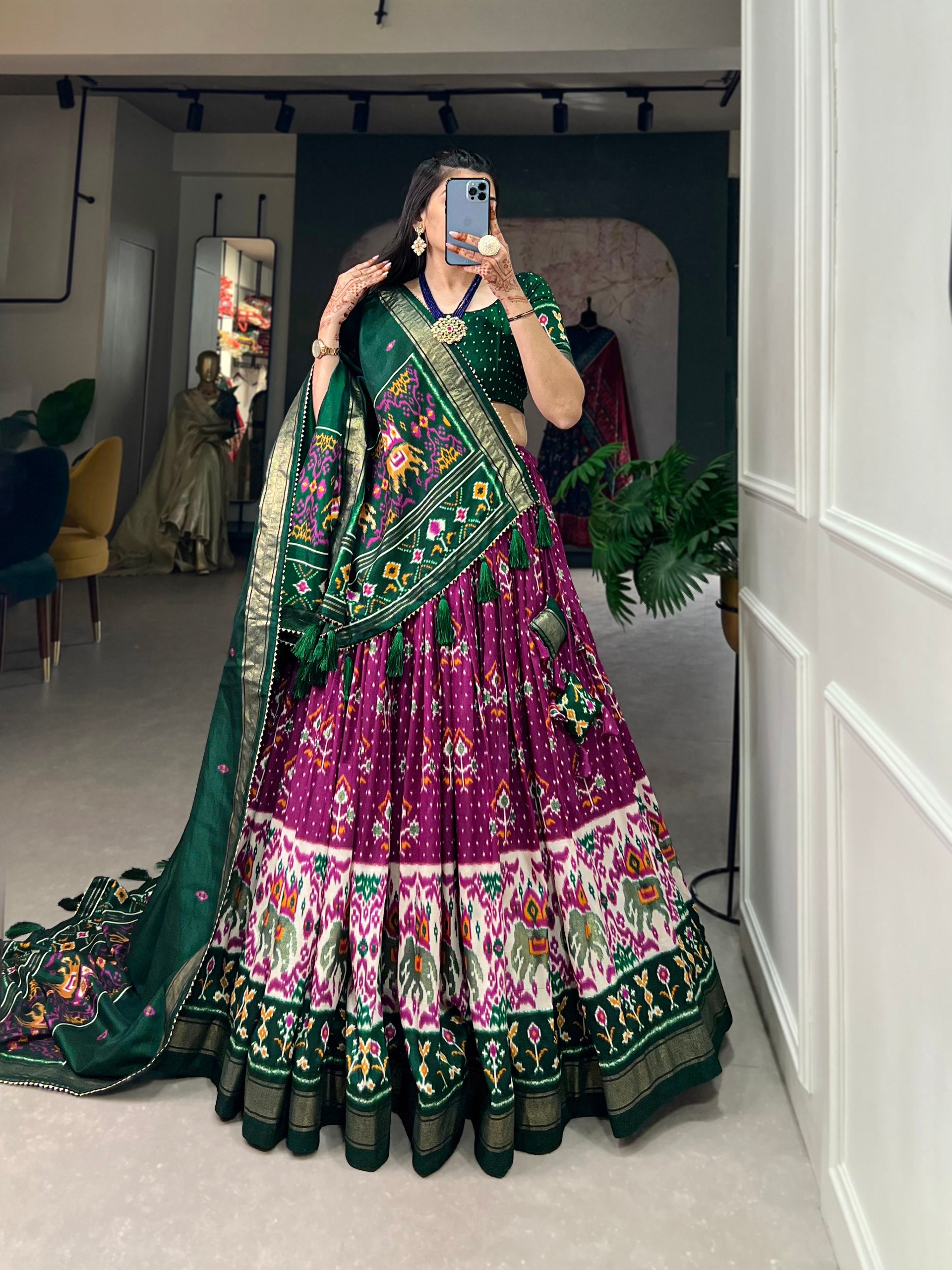 Traditional Patola Motif Lehenga Choli Set with Elephant Embroidery